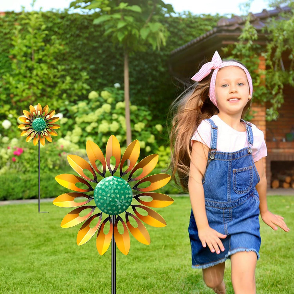2pcs Sunflower Wind Spinner Outdoor, Freestanding Kinetic Wind Sculpture with Stake, Metal Windmill for Outside Garden