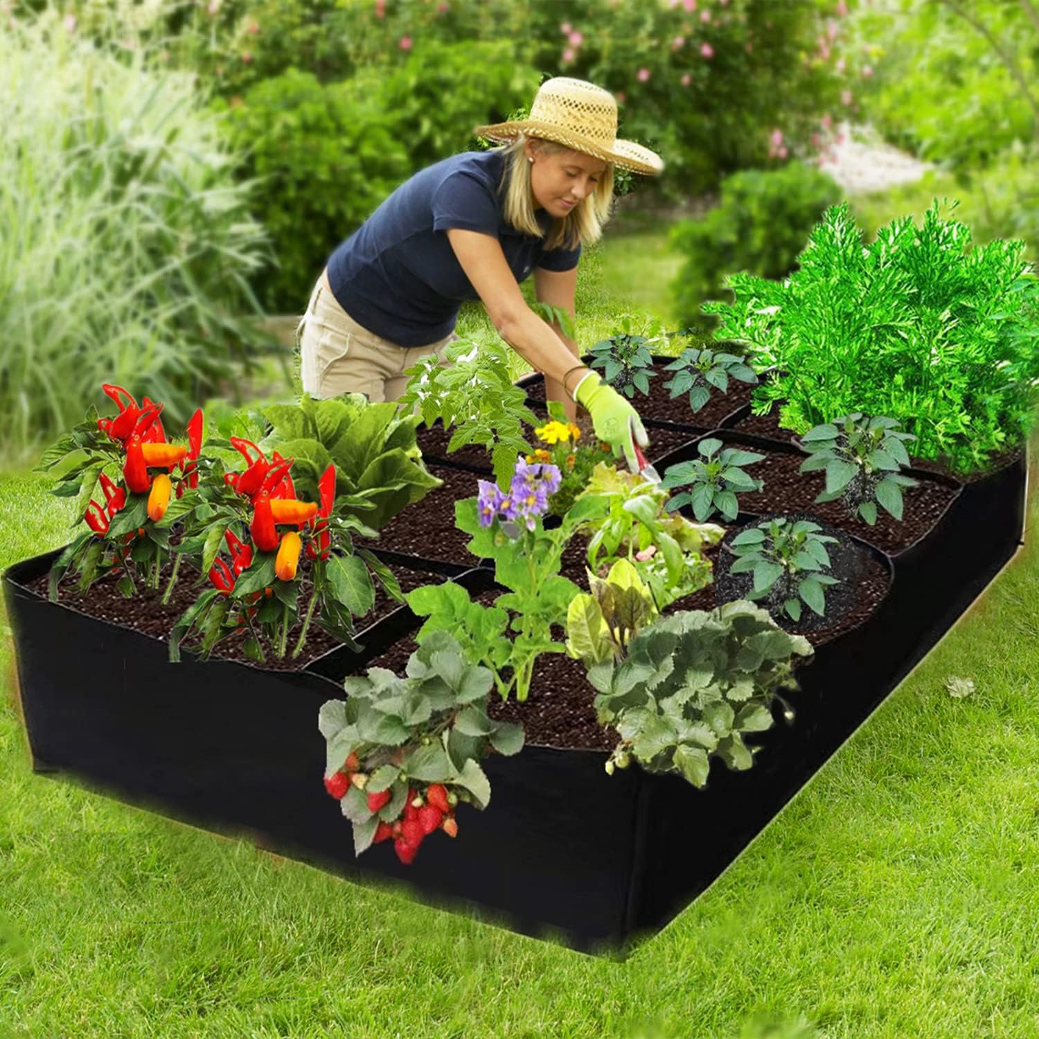Niurui Fabric Raised Garden Bed 128 Gallon 8 Holes Rectangle 400G Thick Nonwoven Gardening Grow Bags Planting Container