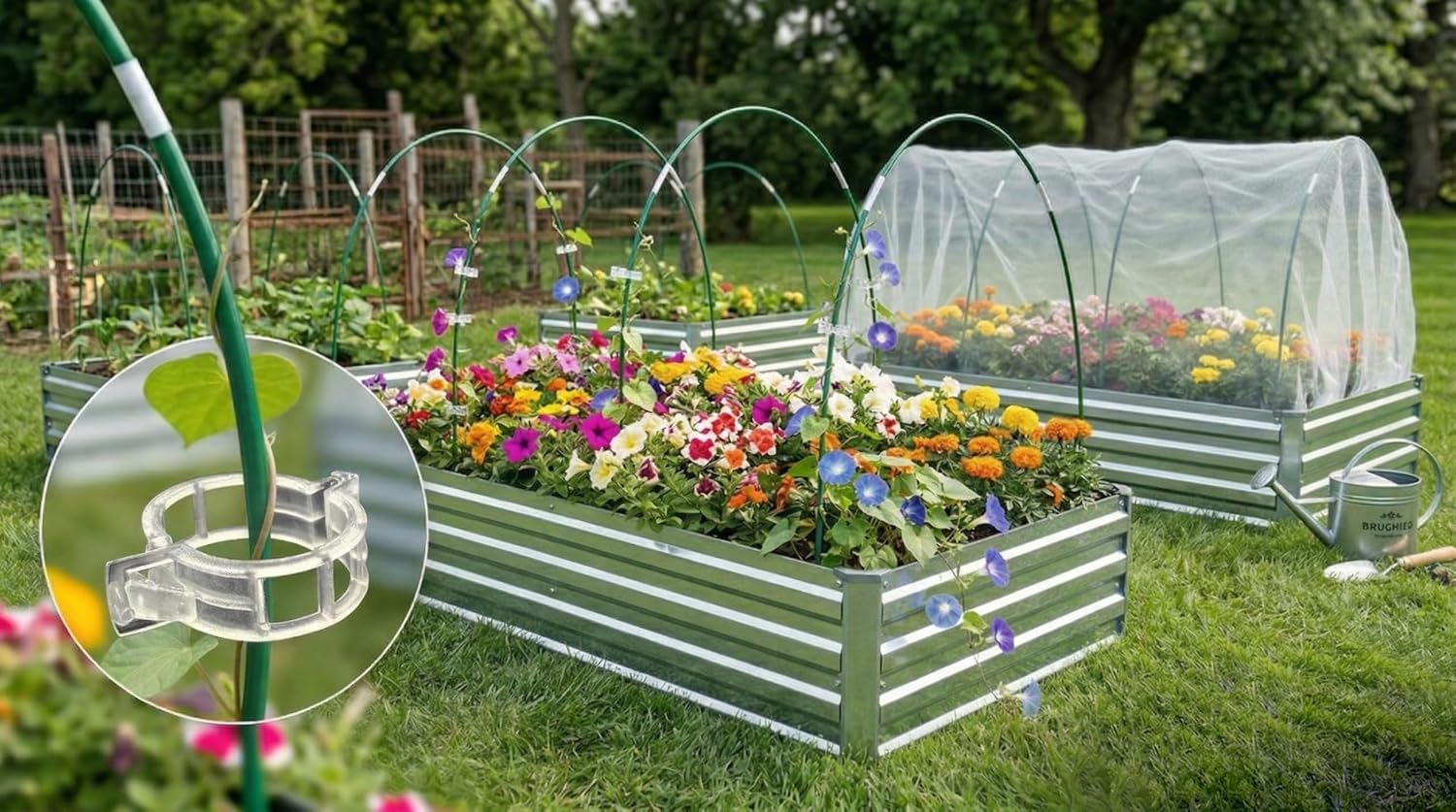 60PCS Garden Hoops for Raised Beds & 30PCS Tomato Clips, Greenhouse Hoops for Netting, Rust-Free Diameter 0.23” Plant