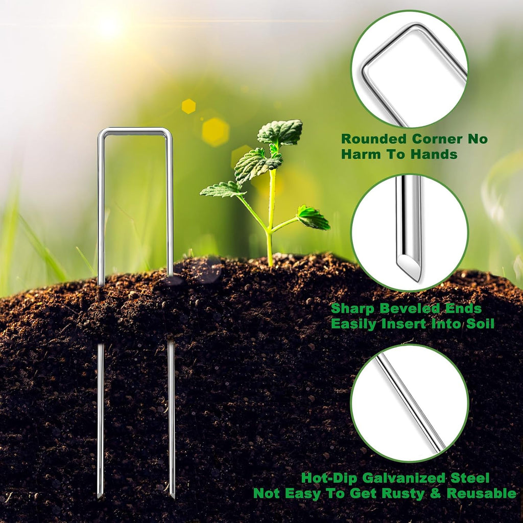 6 Inch Landscape Staples Set, 11 Gauge Galvanized U-Shaped Garden Stakes (100 Pack) with 100 Gaskets, Hook Tool &