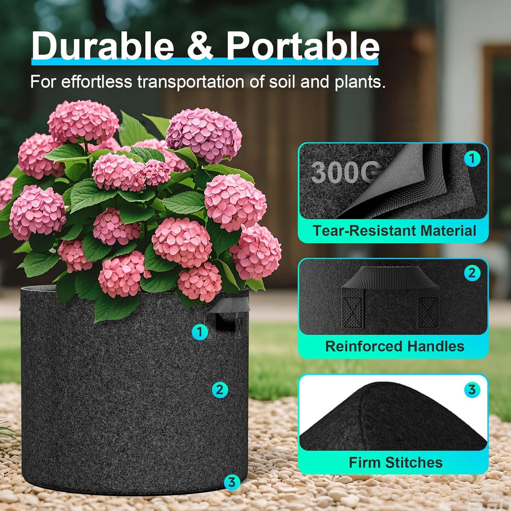 Land Guard 10-Pack Fabric Grow Bags 20 Gallon, Thickened Nonwoven Garden Pots, Growing Bags with Handles, Black
