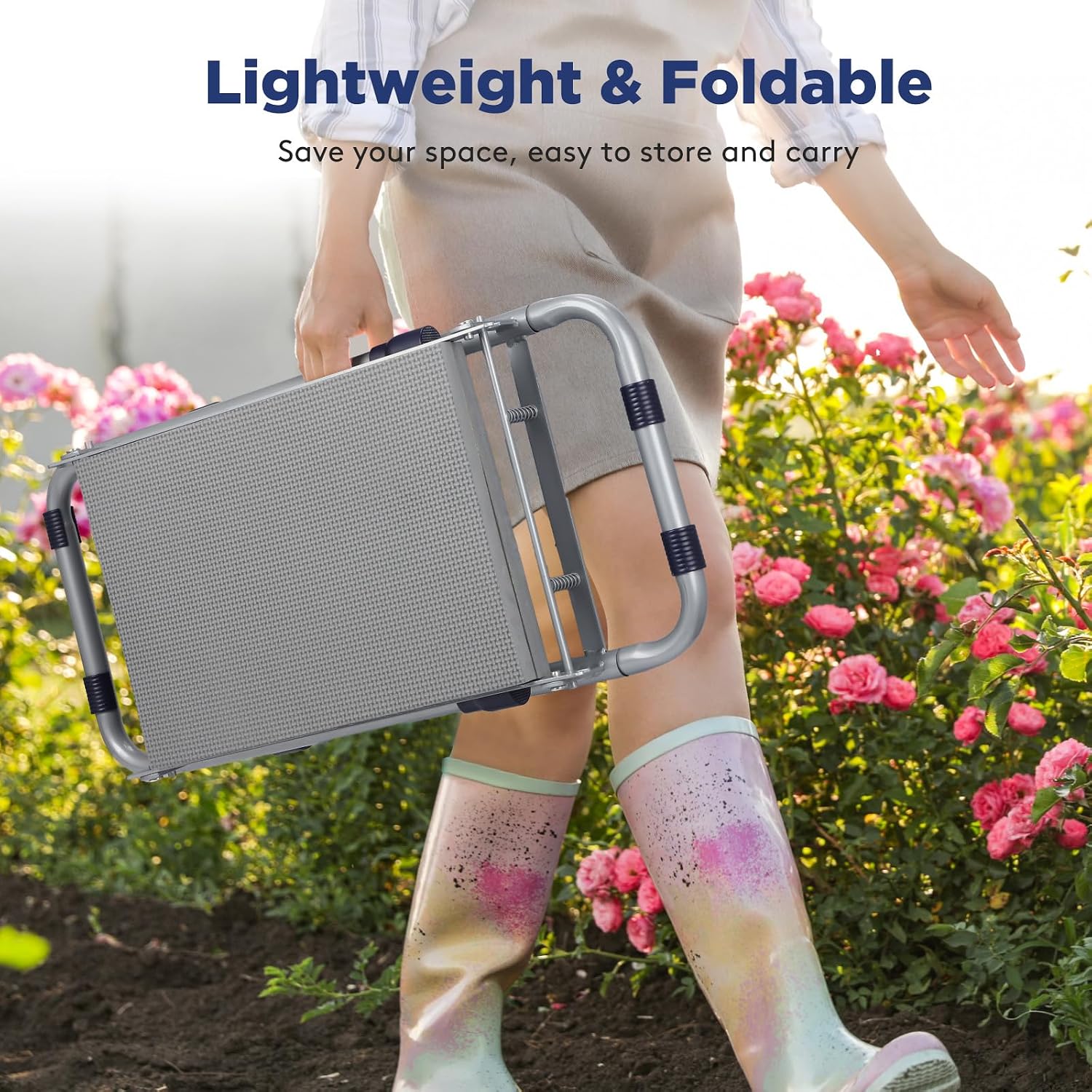 Tovve Foldable Garden Kneeler and Seat, Heavy Duty Garden Stool with 10" Wide Detachable Kneeling Pad, Portable Garden