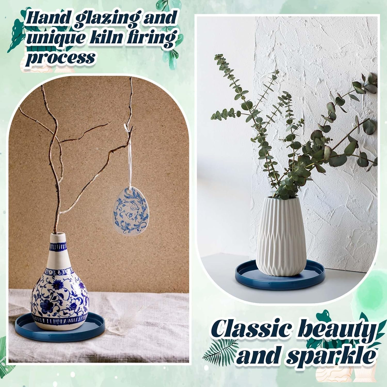 2 Pcs 10 Inch Ceramic Plant Saucer Outdoor Indoor Plant Tray Round Flower Pot Drip Trays Blue Flower Drainage Glazed