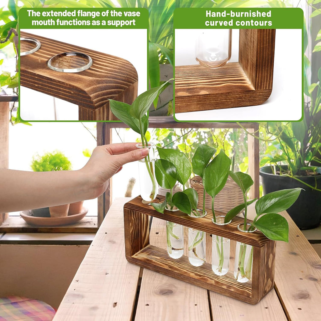 Glass Plant Propagation Station with 5 Test Tubes Planter Vase with Wooden | Stand Birthday Gifts for Women Mom Plant