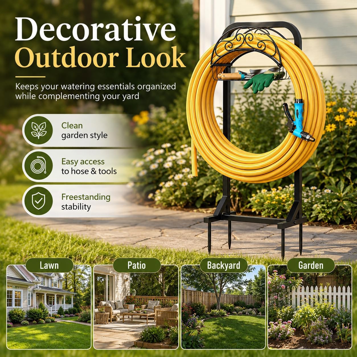 Garden Hose Holder Water Hose Reel Stand with Storage Basket Holds 160ft, Heavy Duty Freestanding Hose Stand with
