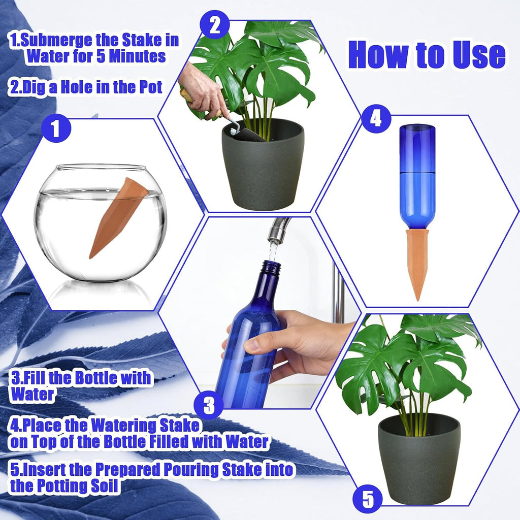 TINSKY 6 Sets Plant Watering Devices Terracotta Self Watering Spikes and 26 Oz Plastic Blue Bottles Slow Release