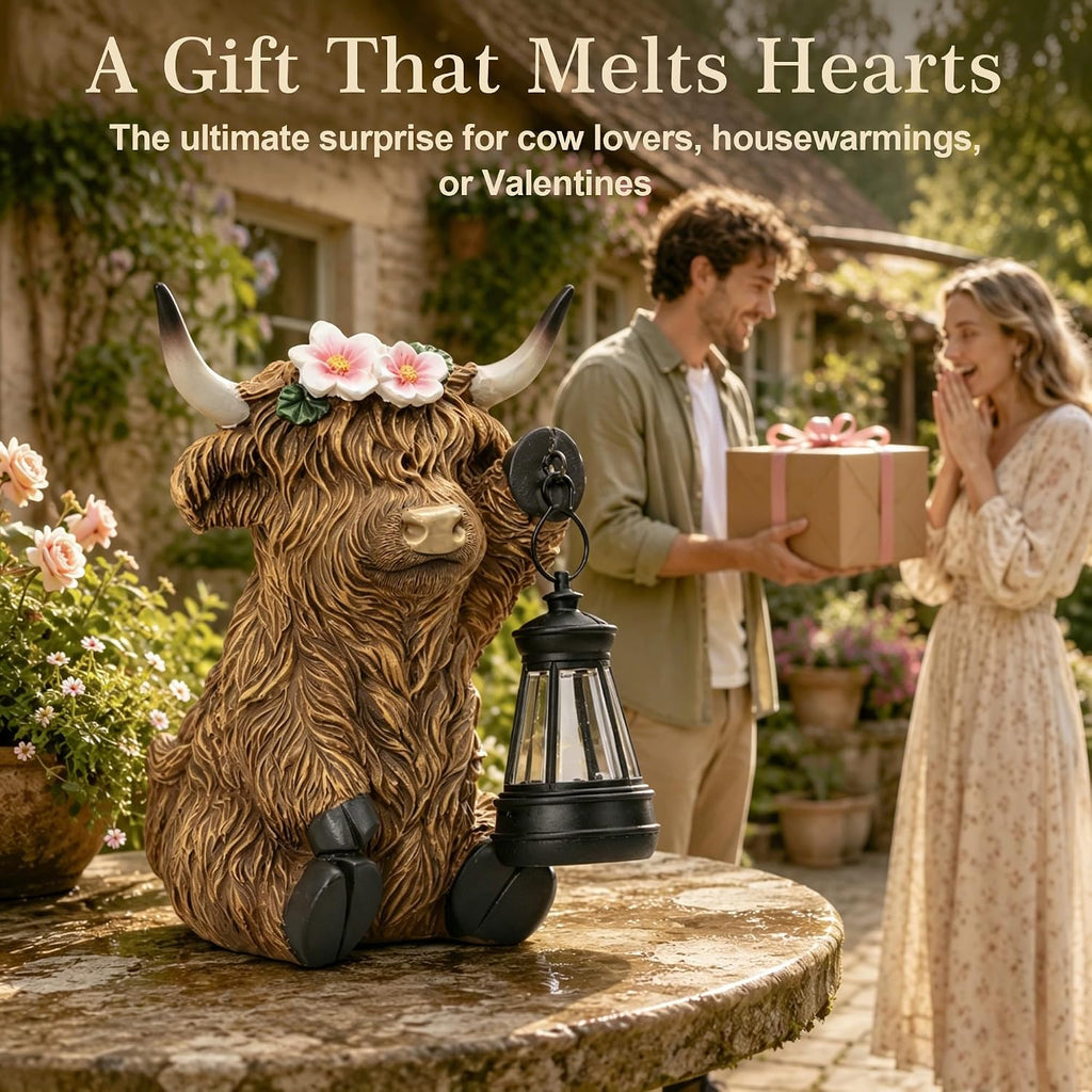 Solar Highland Cow Outdoor Garden Statue, Waterproof Resin Highland Cow Figurines with Lantern, Yard Animal Decorations