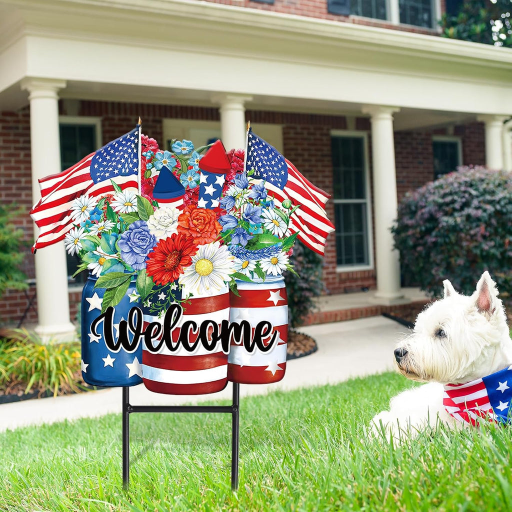 JarThenaAMCS Patriotic Flower Metal Garden Stakes 4th of July American Flag Floral Vase Decorative Lawn Sign Welcome