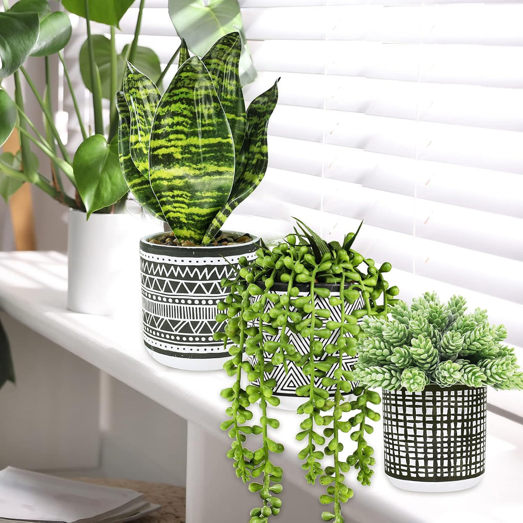 Winlyn 3 Pcs Small Potted Plants Artificial Succulents Hanging Plants and Faux Tropical Snake Plant in Black Geometric