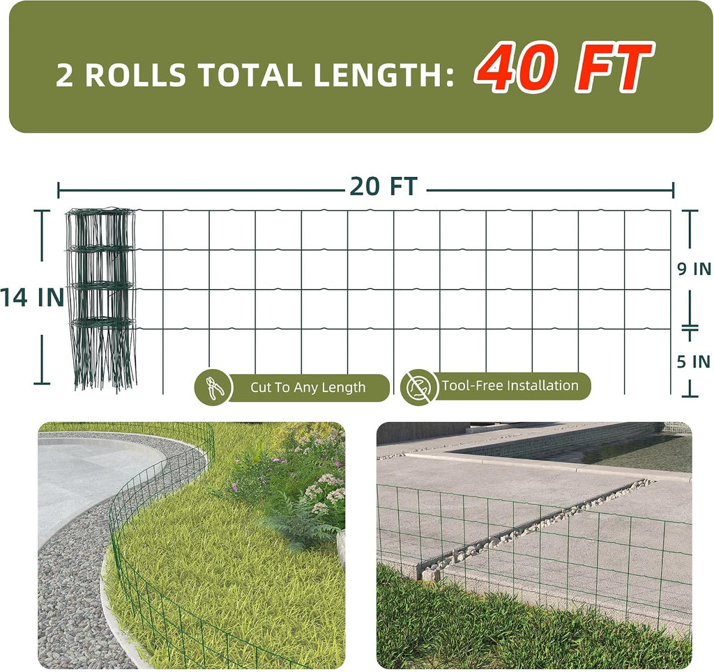 PROWORX Green Small Garden Fence Border Flat Wire Fencing 14”x40’(2 Rolls) | 2 Pack Metal Folding Decorative Flower Bed