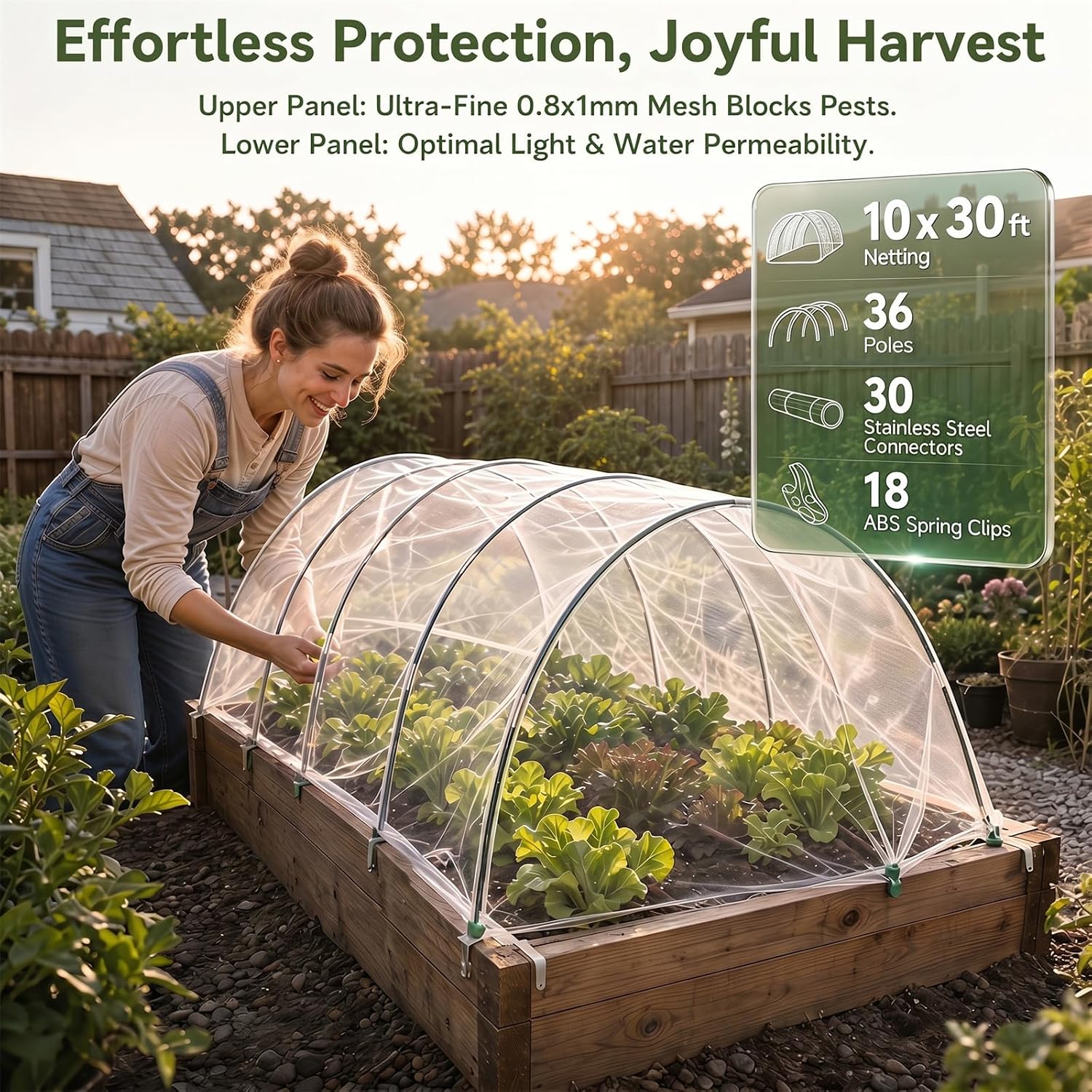 Garden Netting Kit, 10x30FT Ultra Fine Garden Mesh Netting with 6 Sets Garden Hoops, Insect Netting for Garden
