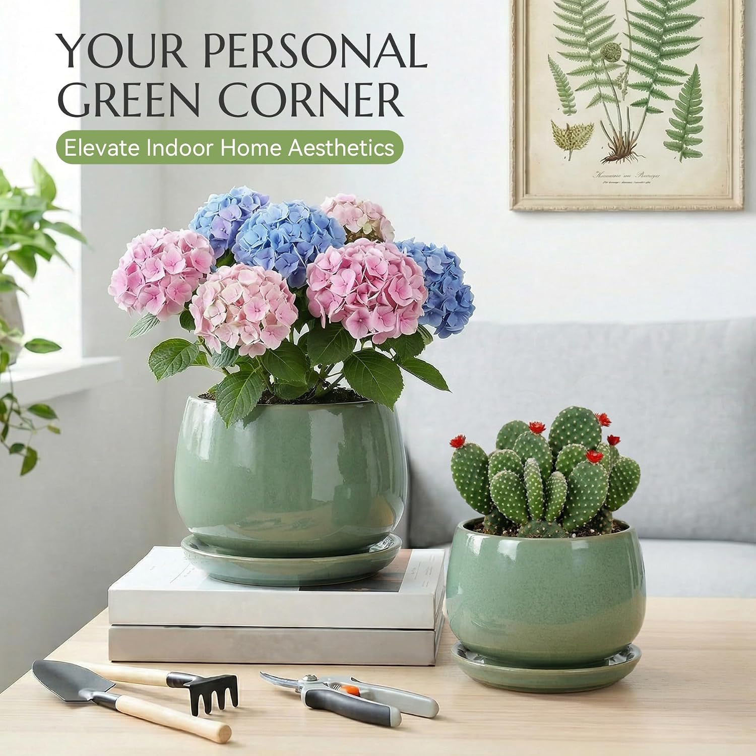 10.3 Inch Flower pots for Indoor Outdoor Plants with Saucer Drainage Leak-Proof Mesh, Ceramic Planter with Gardening