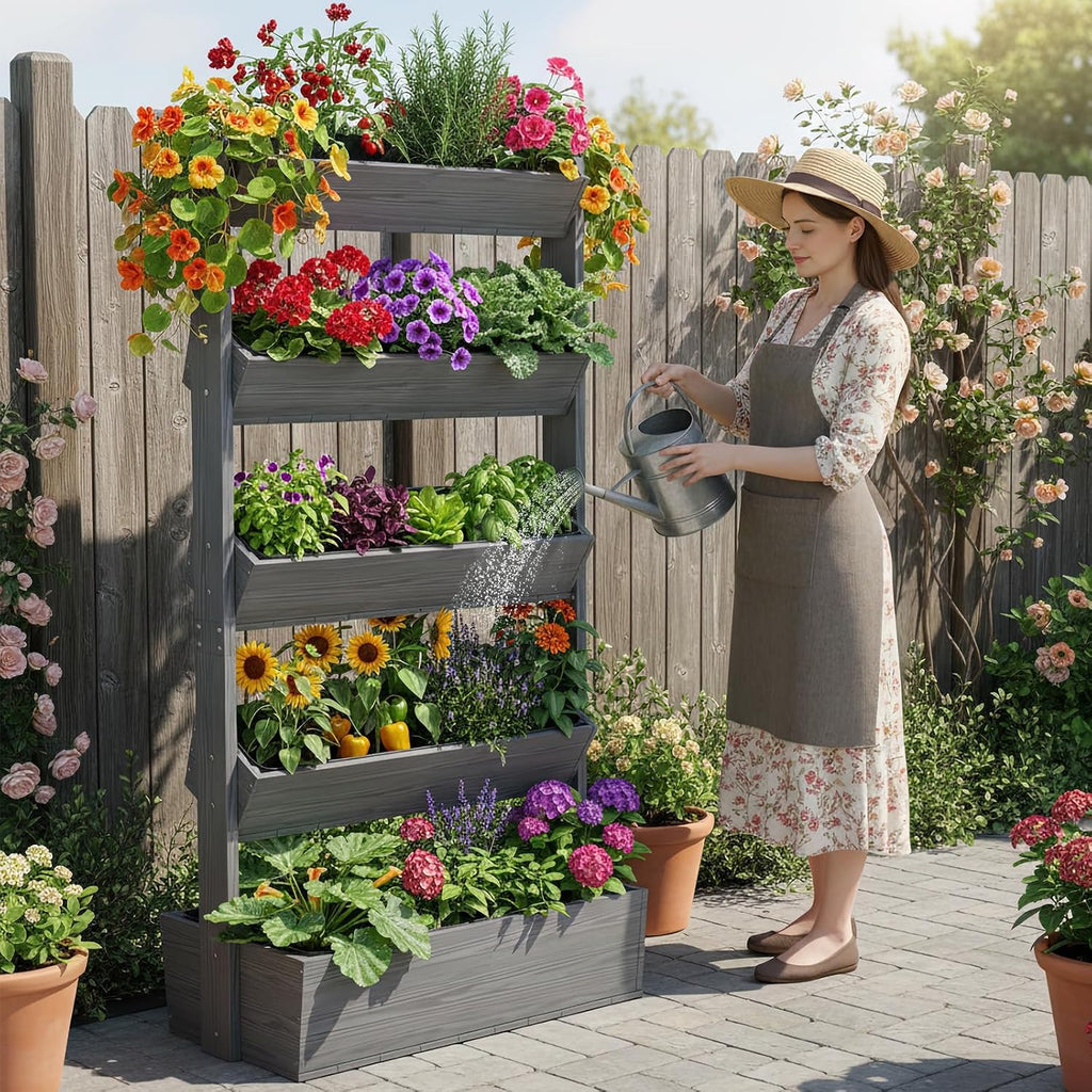 Vertical Raised Garden Bed, 5 Tier Freestanding Garden Planters | Wooden Plant Stand Flower Rack with Planter Box for