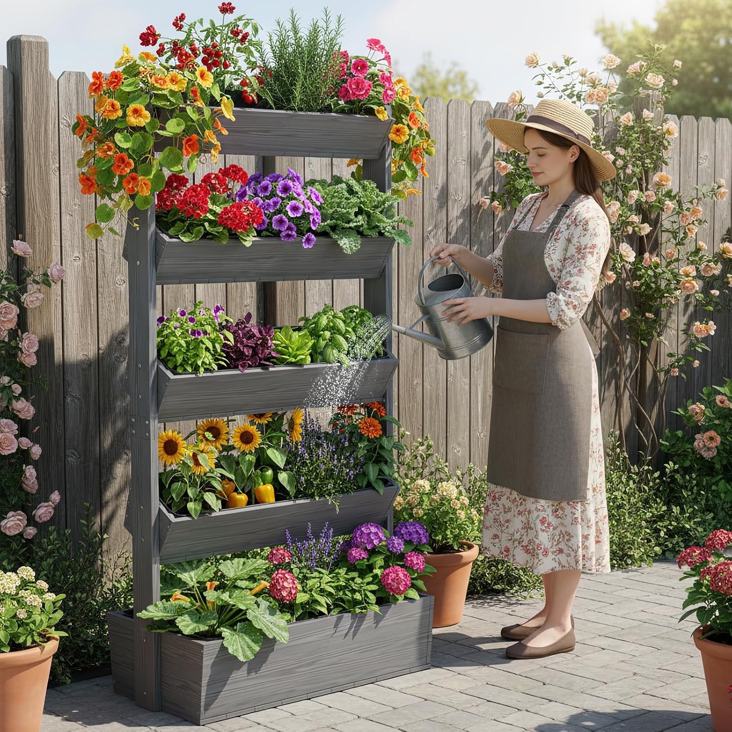 Vertical Raised Garden Bed, 5 Tier Freestanding Garden Planters | Wooden Plant Stand Flower Rack with Planter Box for