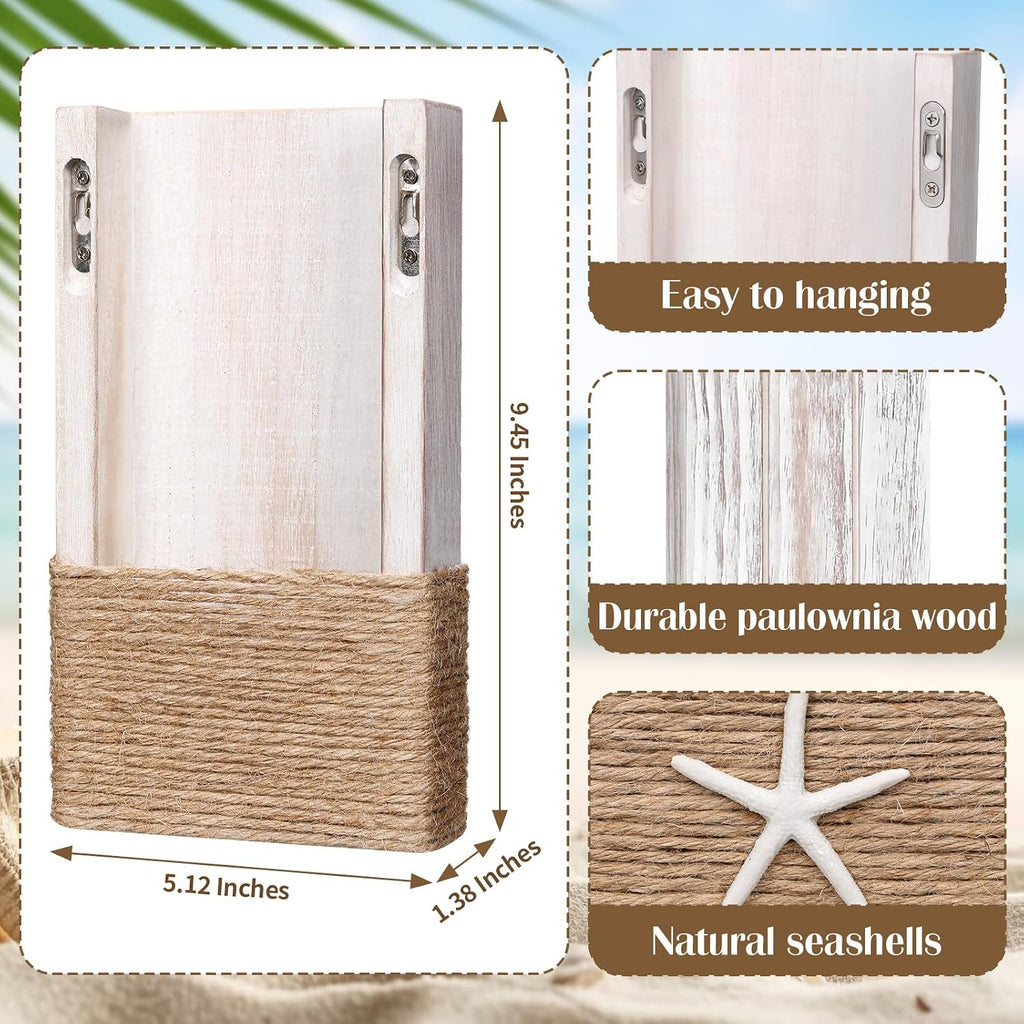 AceOrbit 2 Pcs Beach Rustic Wood Wall Planter Vase Beach Room Decor Nautical Coastal Farmhouse Wall Hanging Decor