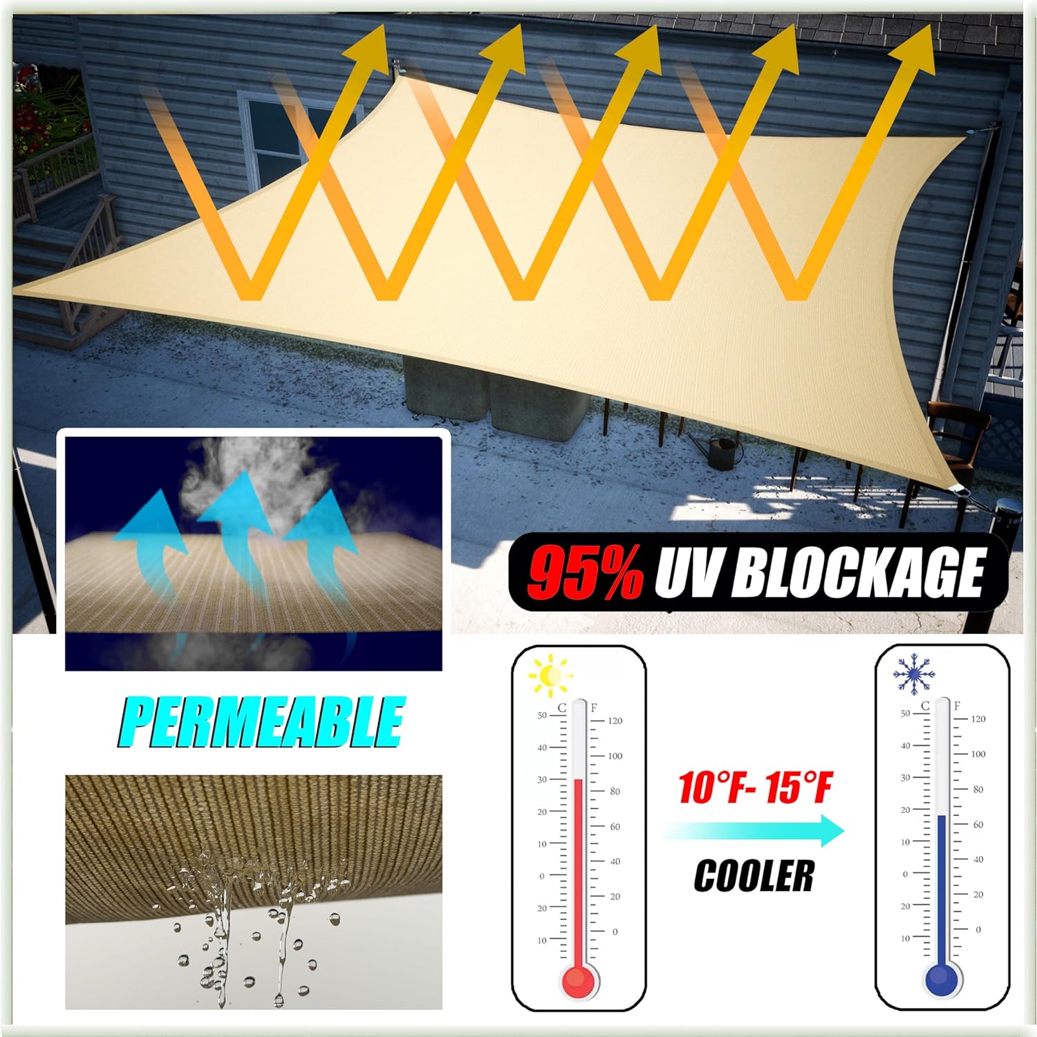 Amgo 12' x 12' x 17' Beige Right Triangle Sun Shade Sail Canopy Awning Cloth AGTAPRT12 - UV Blockage, Water & Air
