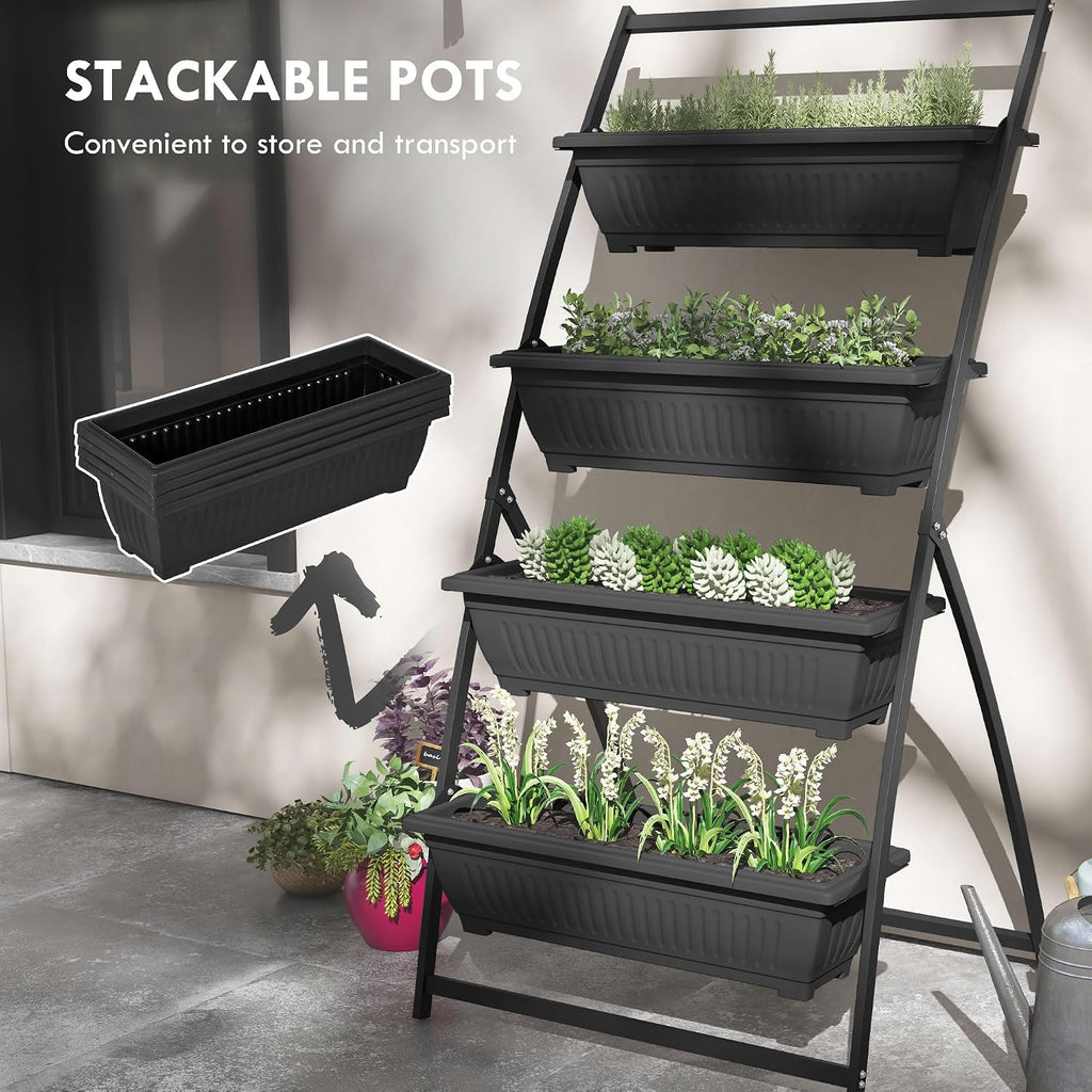 Outsunny Raised Garden Bed 4 Tier Vertical Planter Set with Stand, Black | 4 Outdoor Planter Boxes, Self Draining