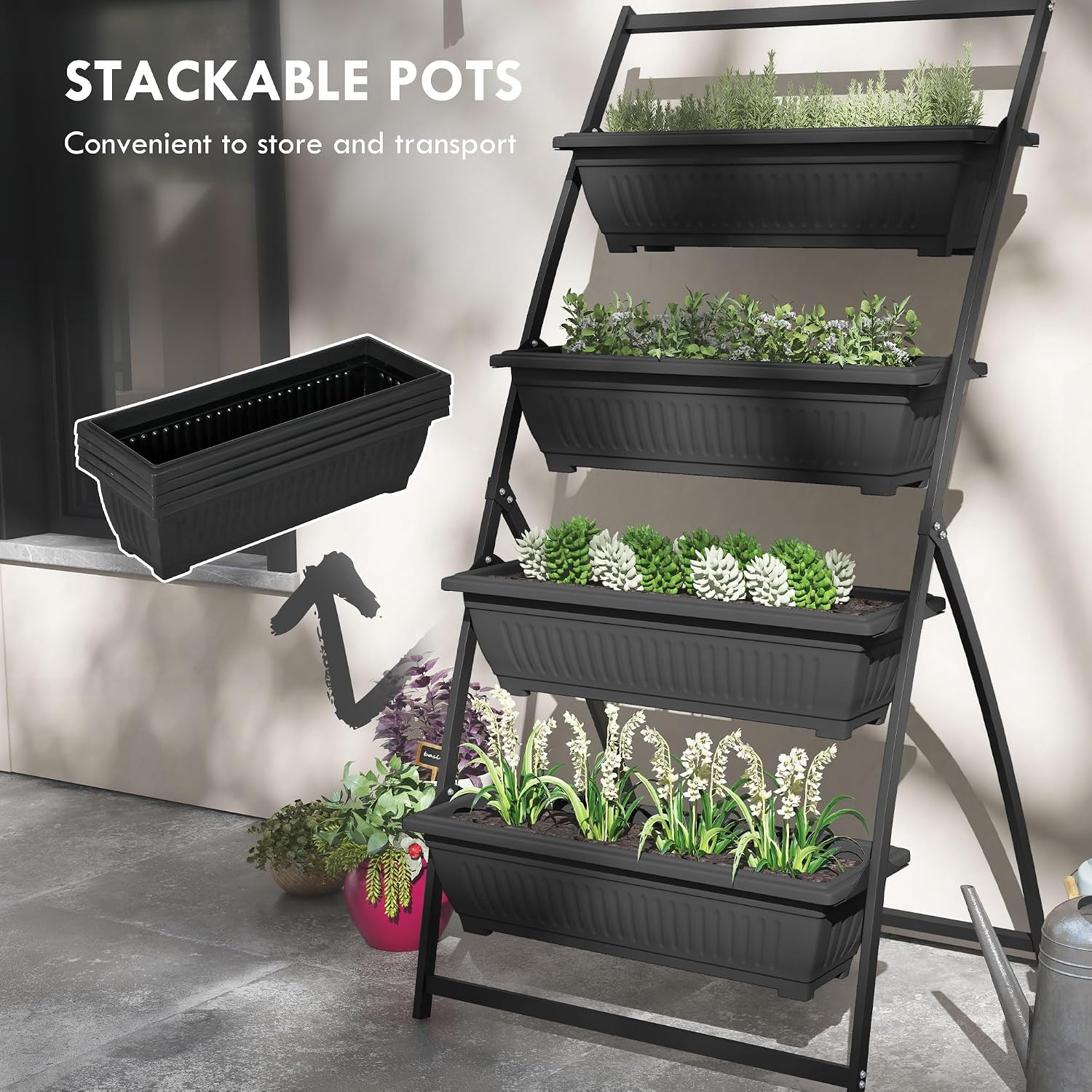 Outsunny Raised Garden Bed 4 Tier Vertical Planter Set with Stand, Black | 4 Outdoor Planter Boxes, Self Draining
