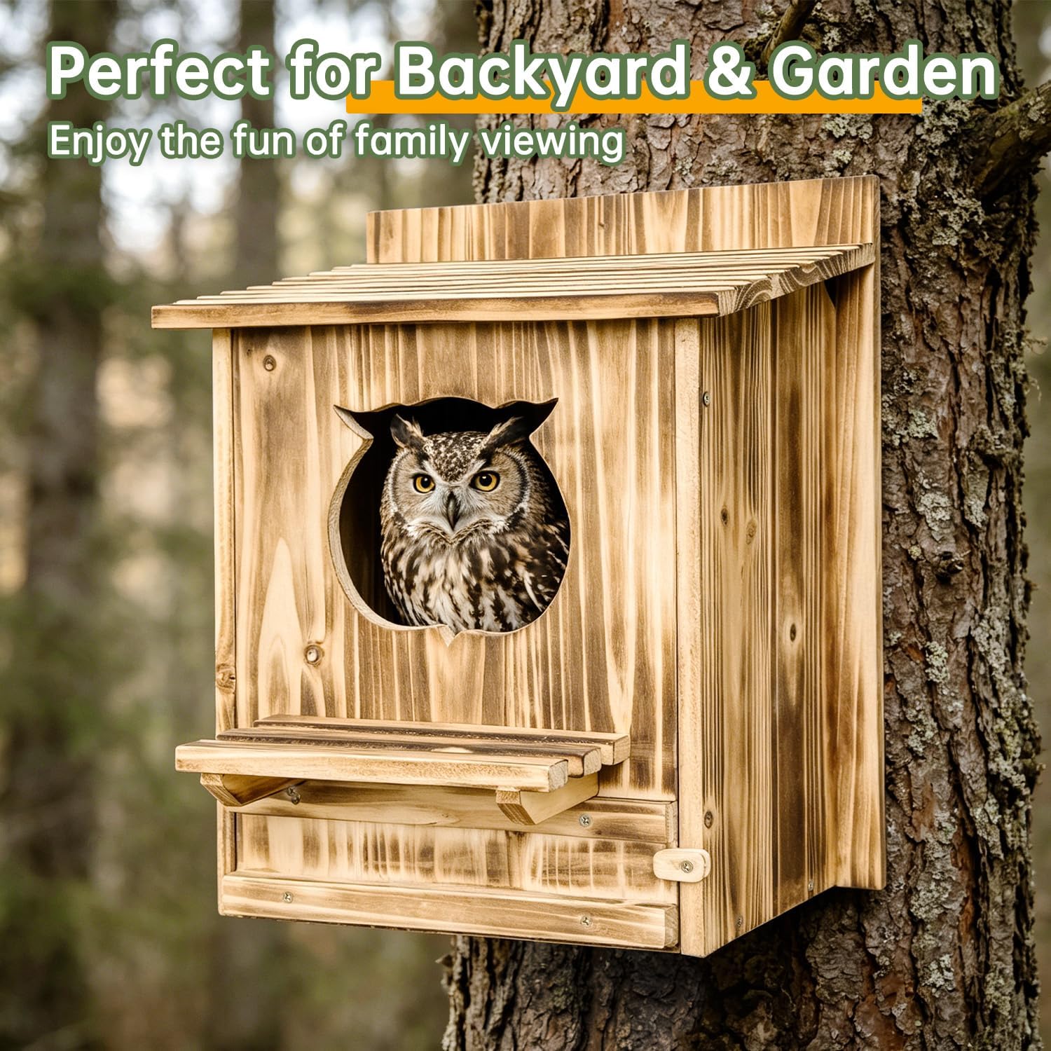 Owl Nesting Box for Outside 14.2×12×7.5 Inch Screech Owl House Bird House | Owl-Shaped Entrance, Wooden Bird Box, Easy