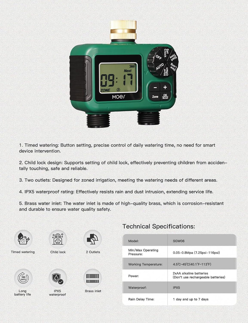 MOES 2 Zone Sprinkler Timer for Garden Hose,Brass Inlet Water Timer | Programmable Automatic Irrigation Controller