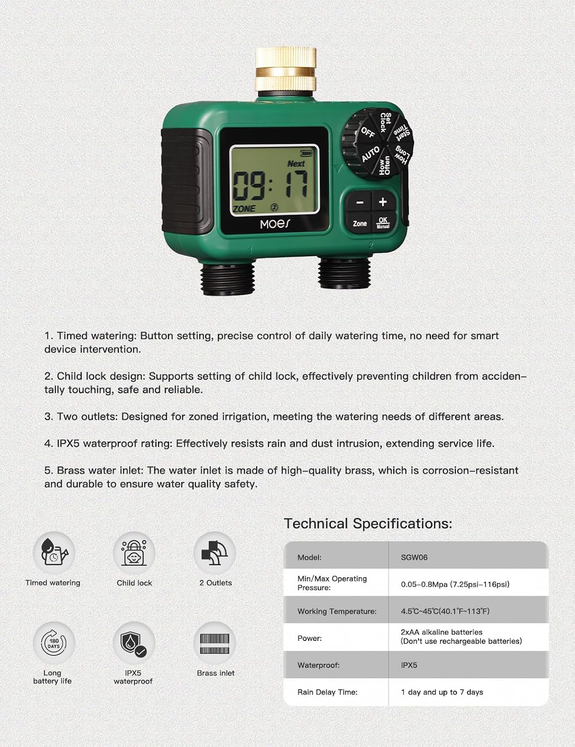 MOES 2 Zone Sprinkler Timer for Garden Hose,Brass Inlet Water Timer | Programmable Automatic Irrigation Controller