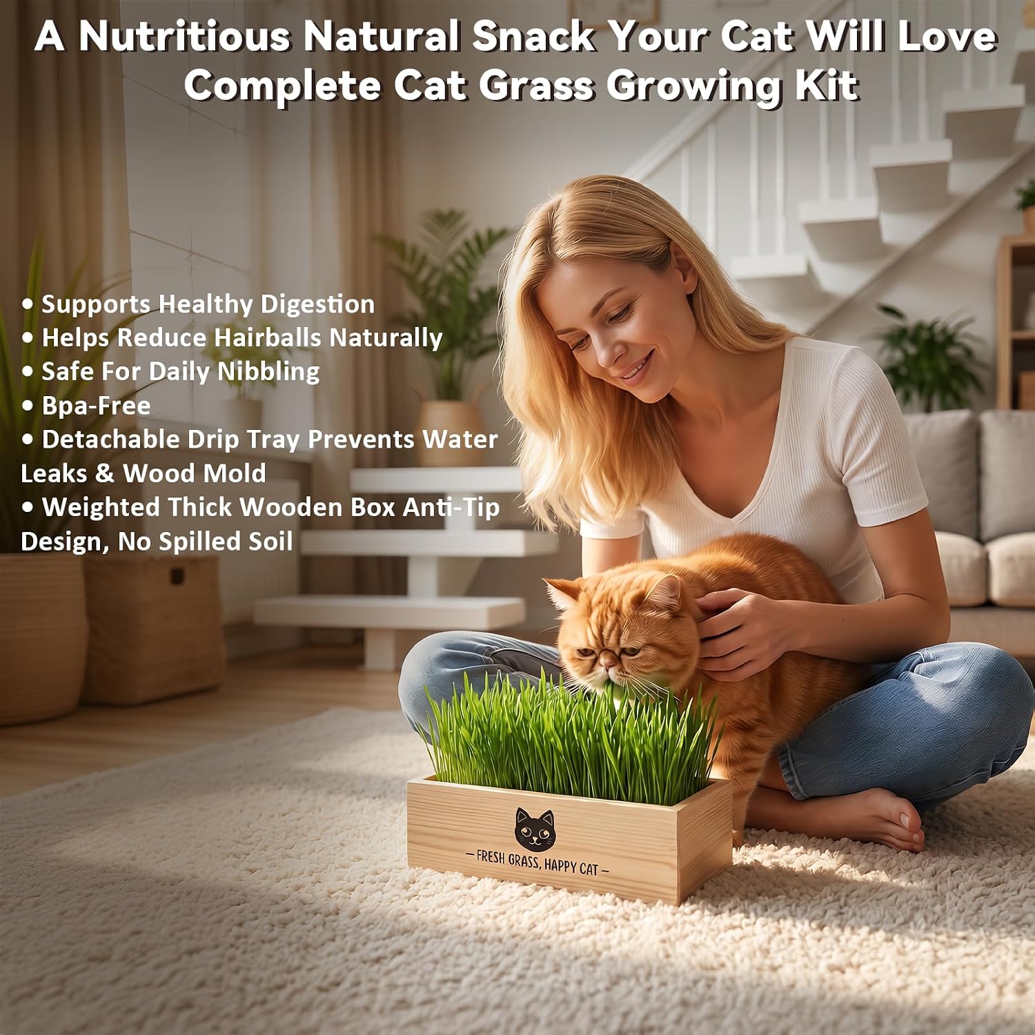 Cat Grass Kit for Indoor Cats Non-GMO Wheatgrass Seeds Growing Set | Wooden Planter with Liner, x6 Seed Packs & Coconut