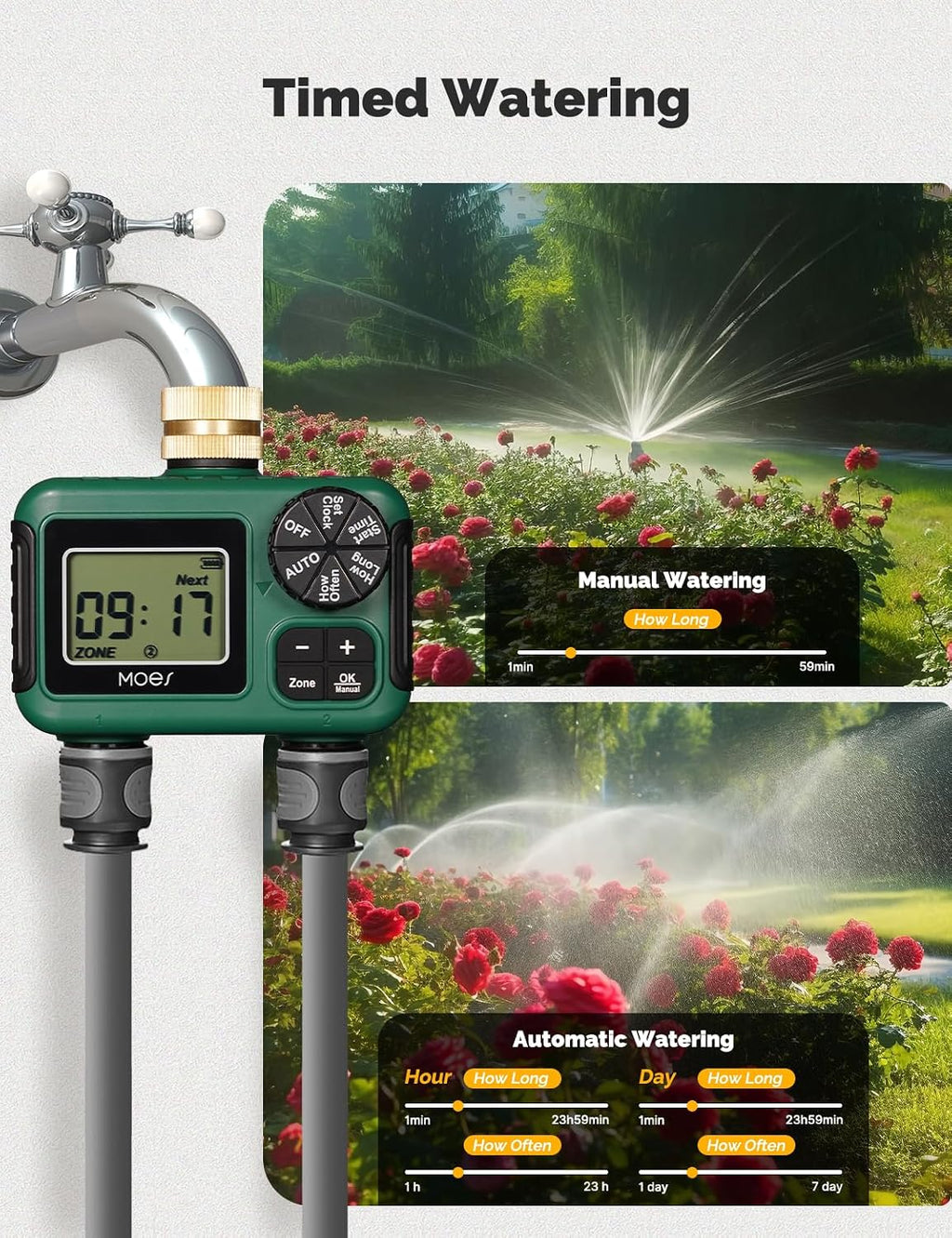 MOES 2 Zone Sprinkler Timer for Garden Hose,Brass Inlet Water Timer | Programmable Automatic Irrigation Controller
