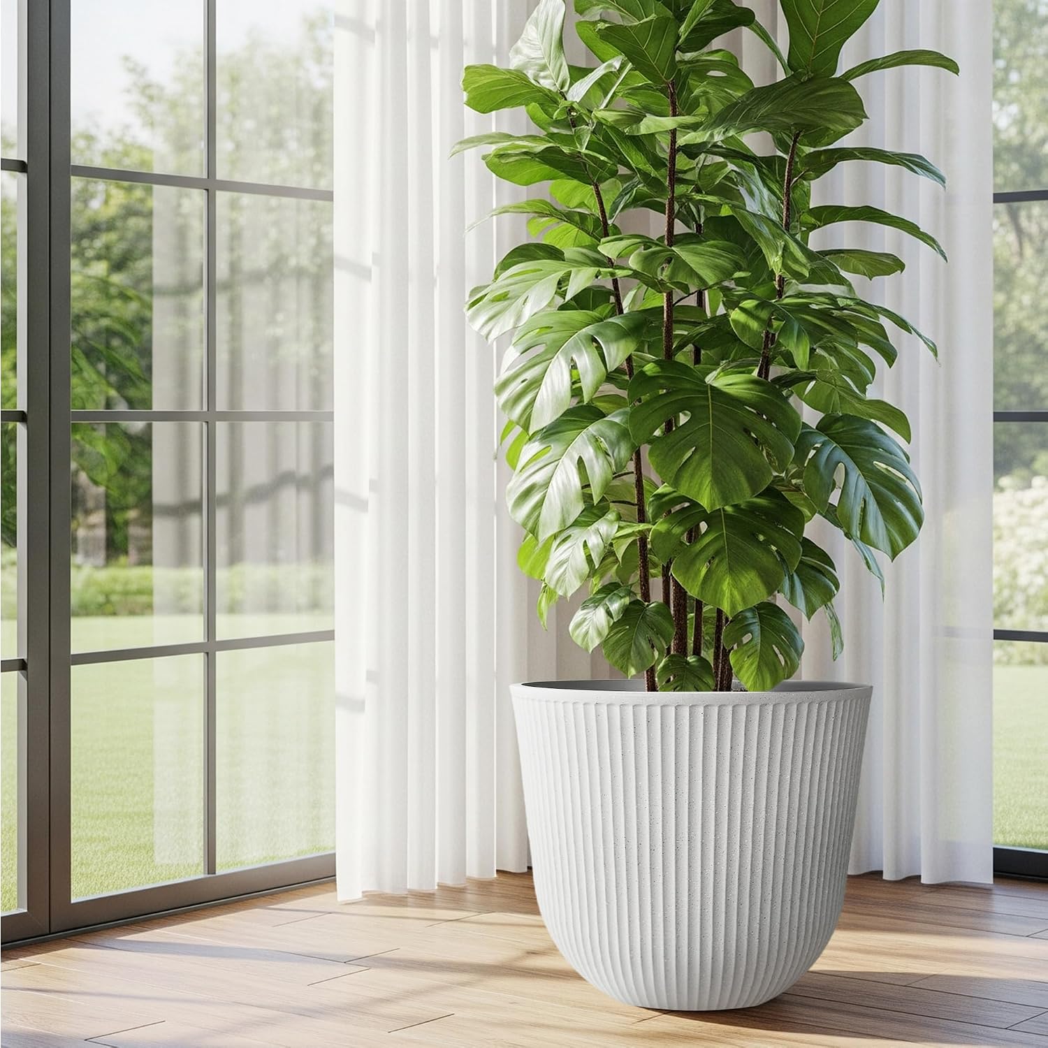 Worth Garden Round Large Planter Pot Set of 2-17.5" Dia x 15.5" H - Durable Plastic White Plant Tree Pots with Vertical