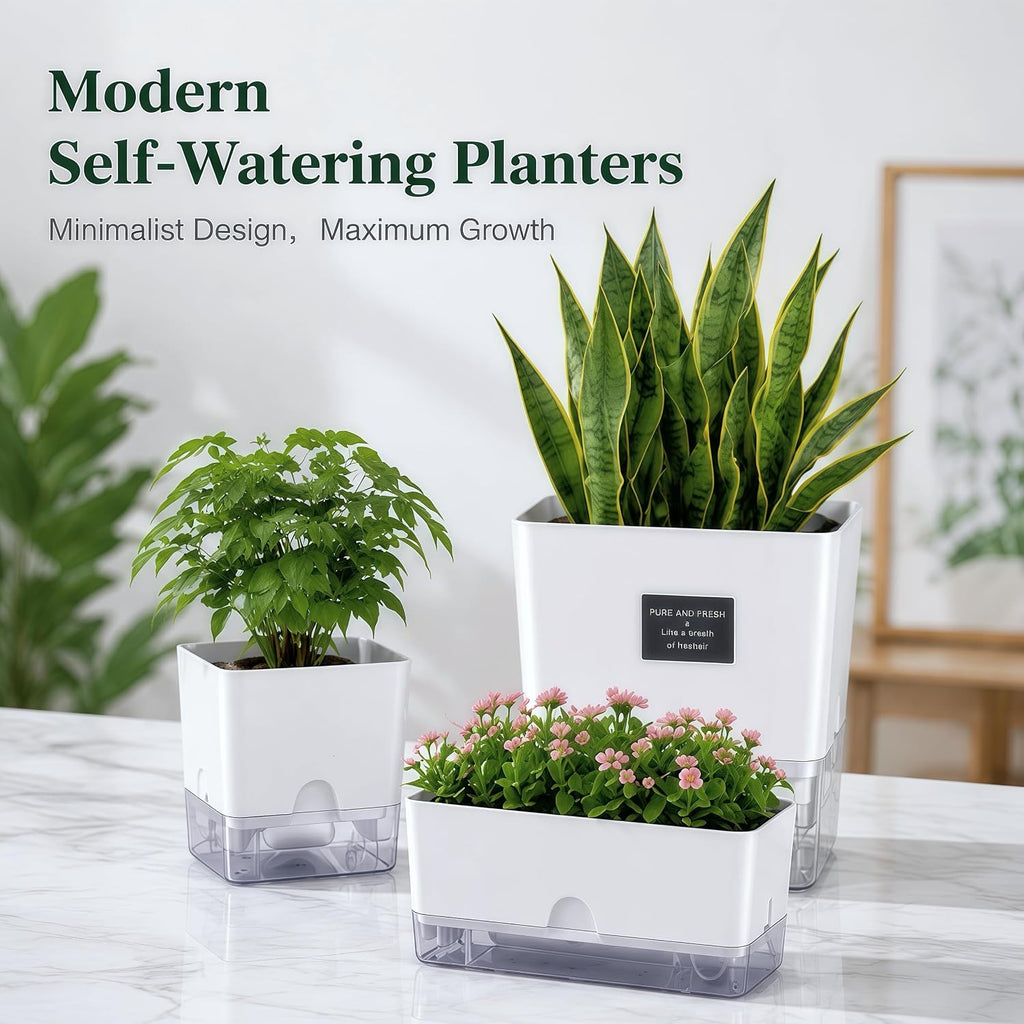 FAMZ Self Watering Pots for Indoor Plants 4 Pack White Self Watering Planters with Water Reservoir and Cotton Wick