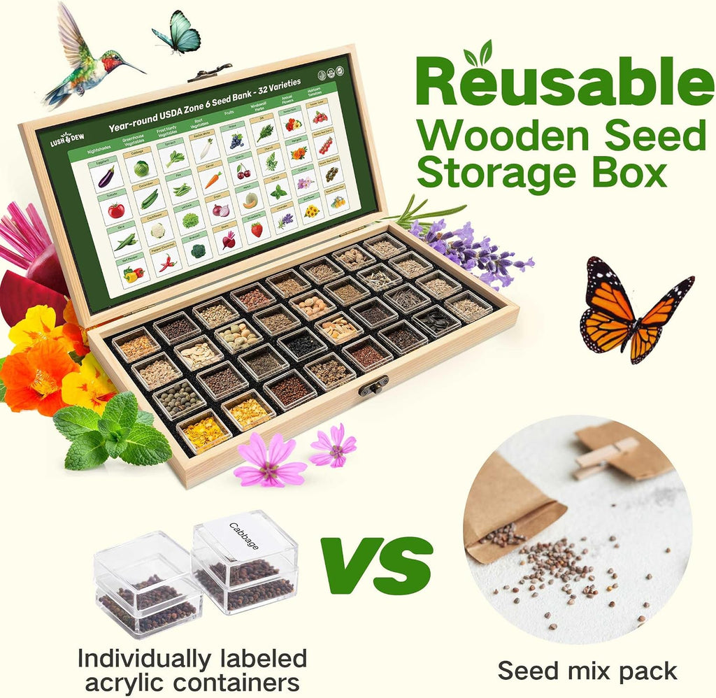 Lush&Dew Zone 6 Heirloom Survival Seed Kit, 32 Types 30,000+ Non-GMO Seeds | Gardening Gifts for Women Men, Seeds for