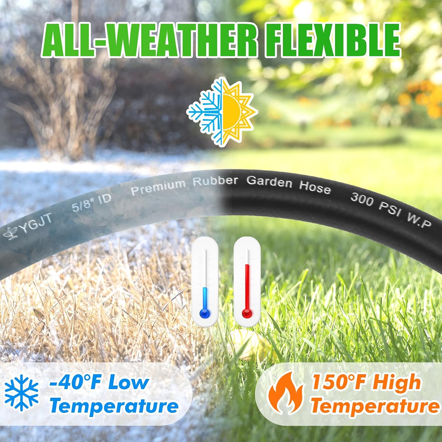 Heavy Duty Garden Hose 75FT x 5/8", 300psi Working, 1100psi Burst | Non kinking rubber water hose for hot/cold water.