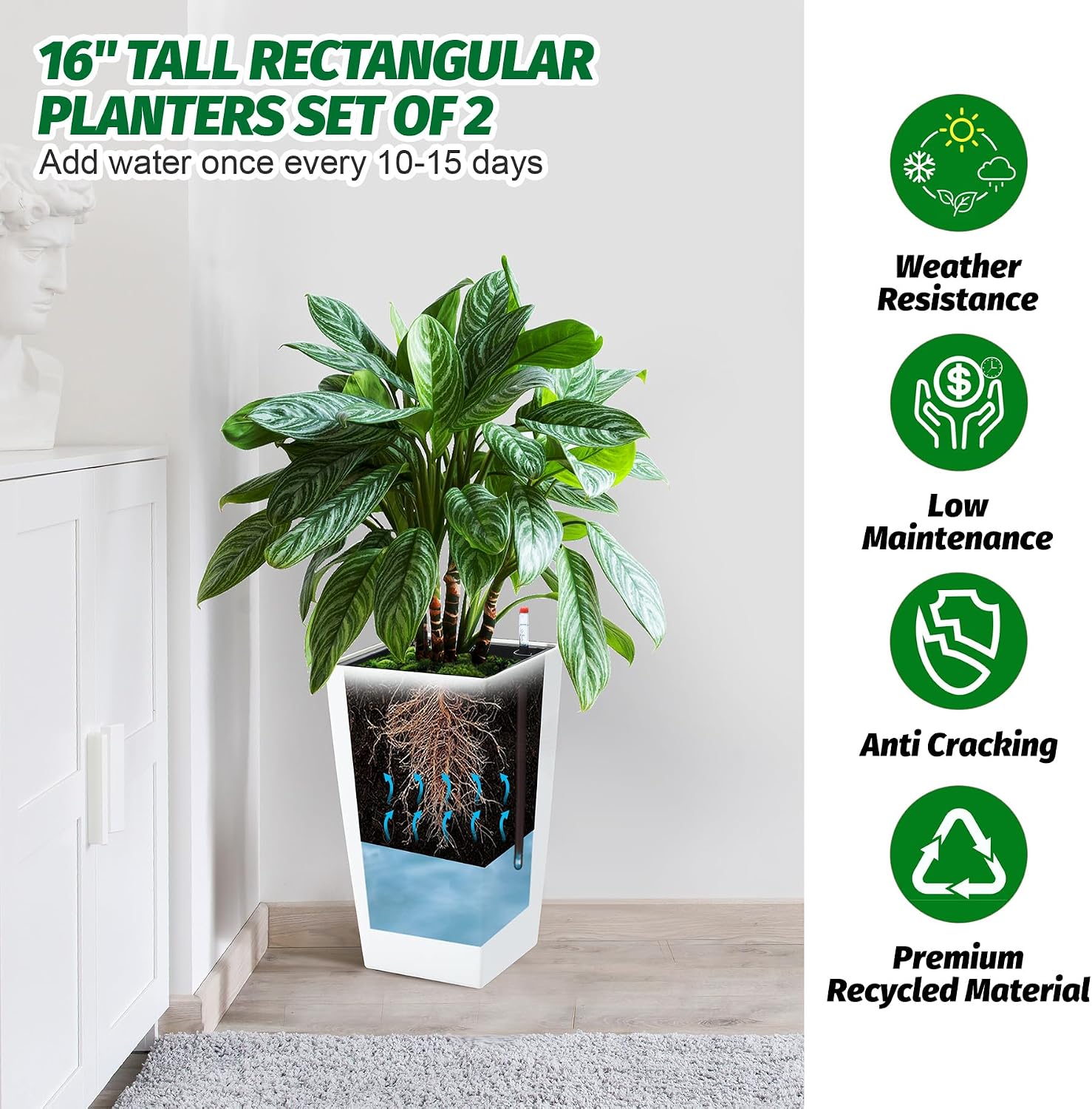 Garvee 16" Tall Planters Set of 2, Outdoor＆Indoor Planter Pots, White | High Front Porch Planter Pots with Drainage