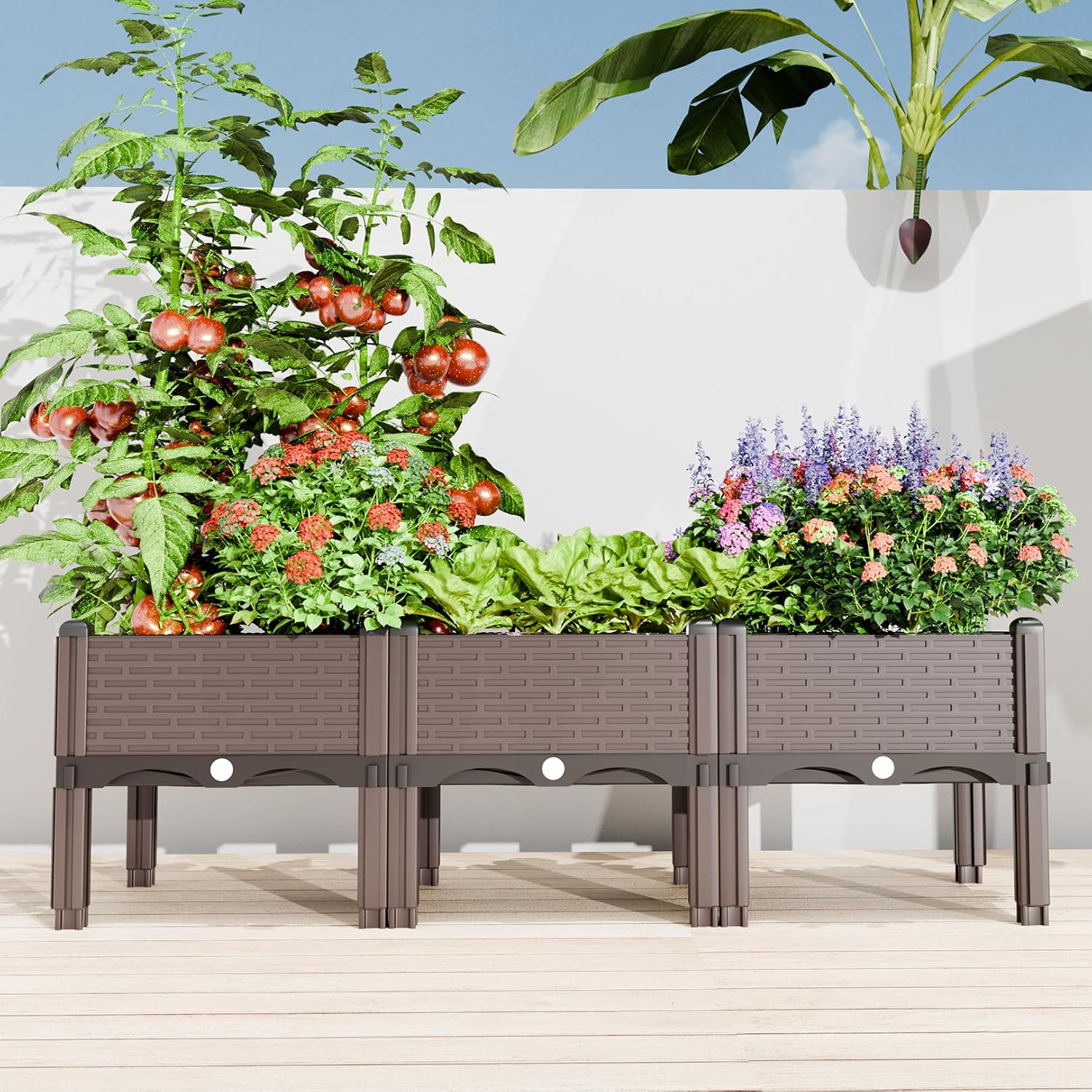 Modular Raised Garden Bed Kit – DIY Stackable Plant Stand with Self-Watering, 47.24"x15.75"x14.17" Brown Plastic