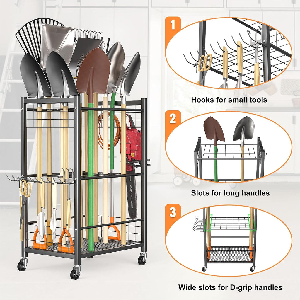 TORACK Garden Tool Stand with Wheels, Rakes Shovels Holder Yard Tools Organizer for Garage, Garden, Shed Indoor/Outdoor