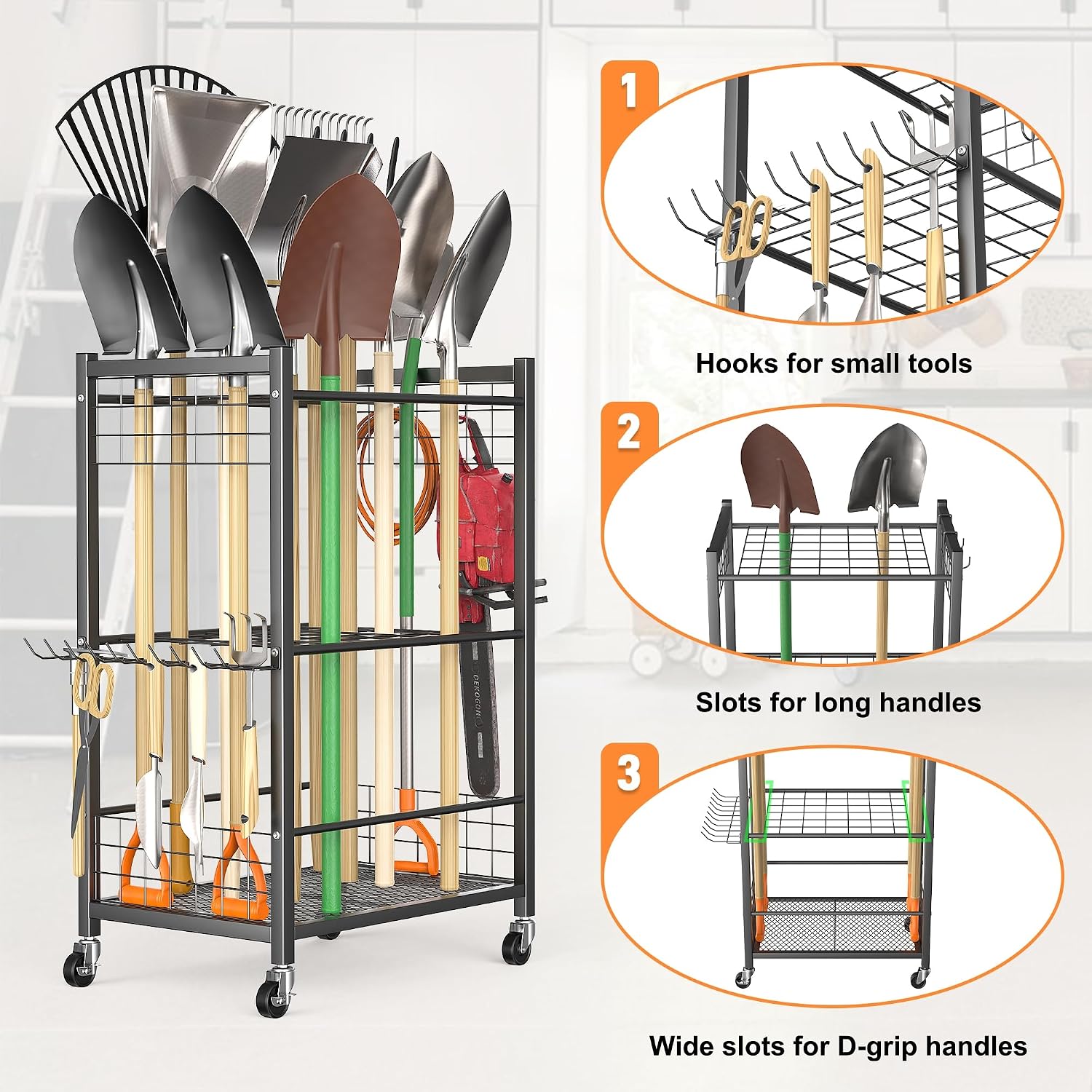 TORACK Garden Tool Stand with Wheels, Rakes Shovels Holder Yard Tools Organizer for Garage, Garden, Shed Indoor/Outdoor