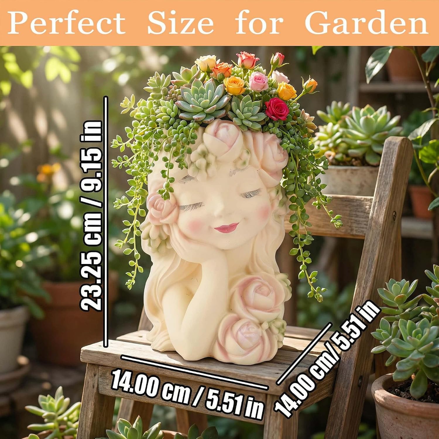 Decorative Garden Fairy Head Planter - Resin Flower Pot, Succulent Planter Holder, Tall Face Planters Pots, Phrenology