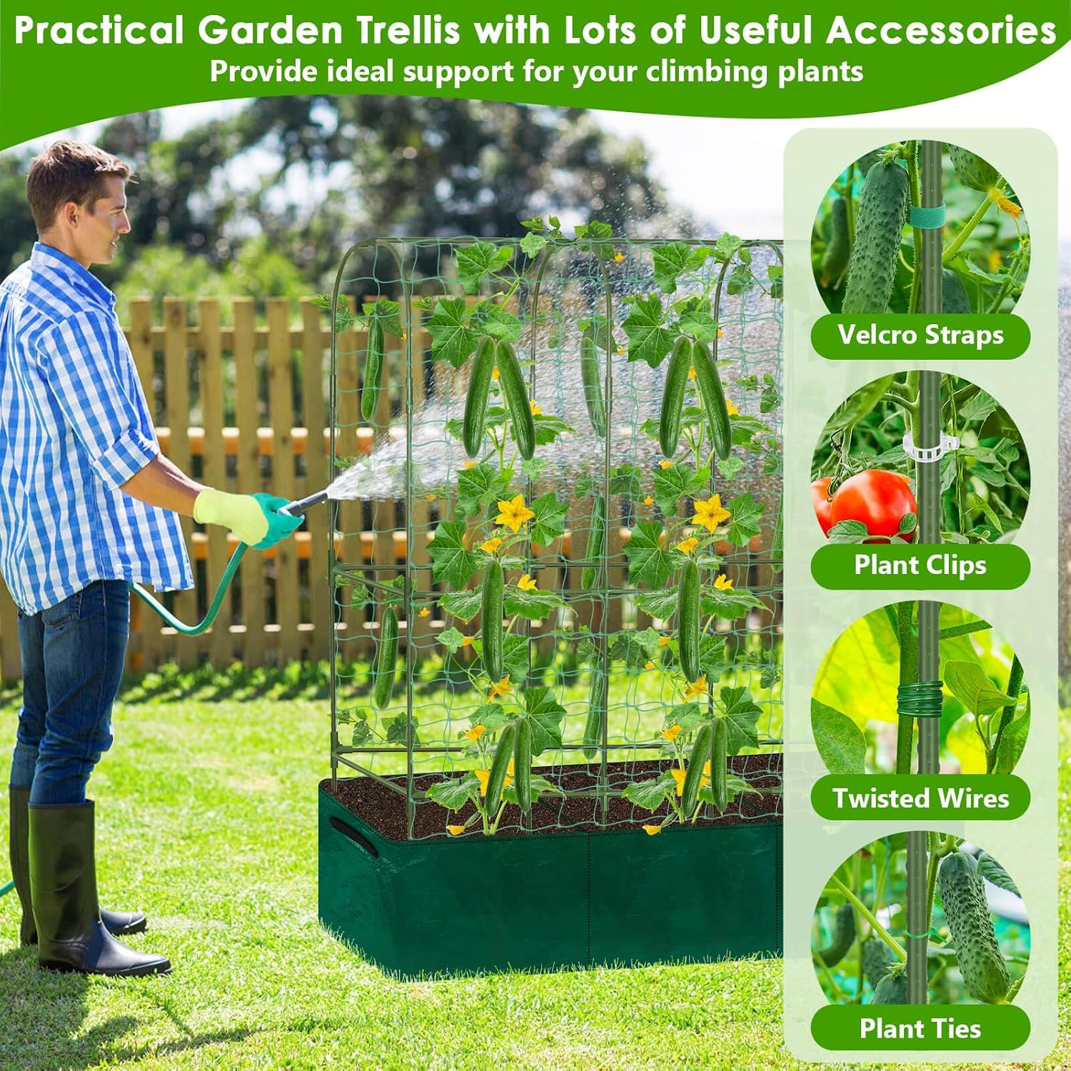 ROADPLUM Cucumber Trellis for Climbing Plants with Grow Bag, 61" Tall Metal U-Frame Garden Trellis for Raised Bed with