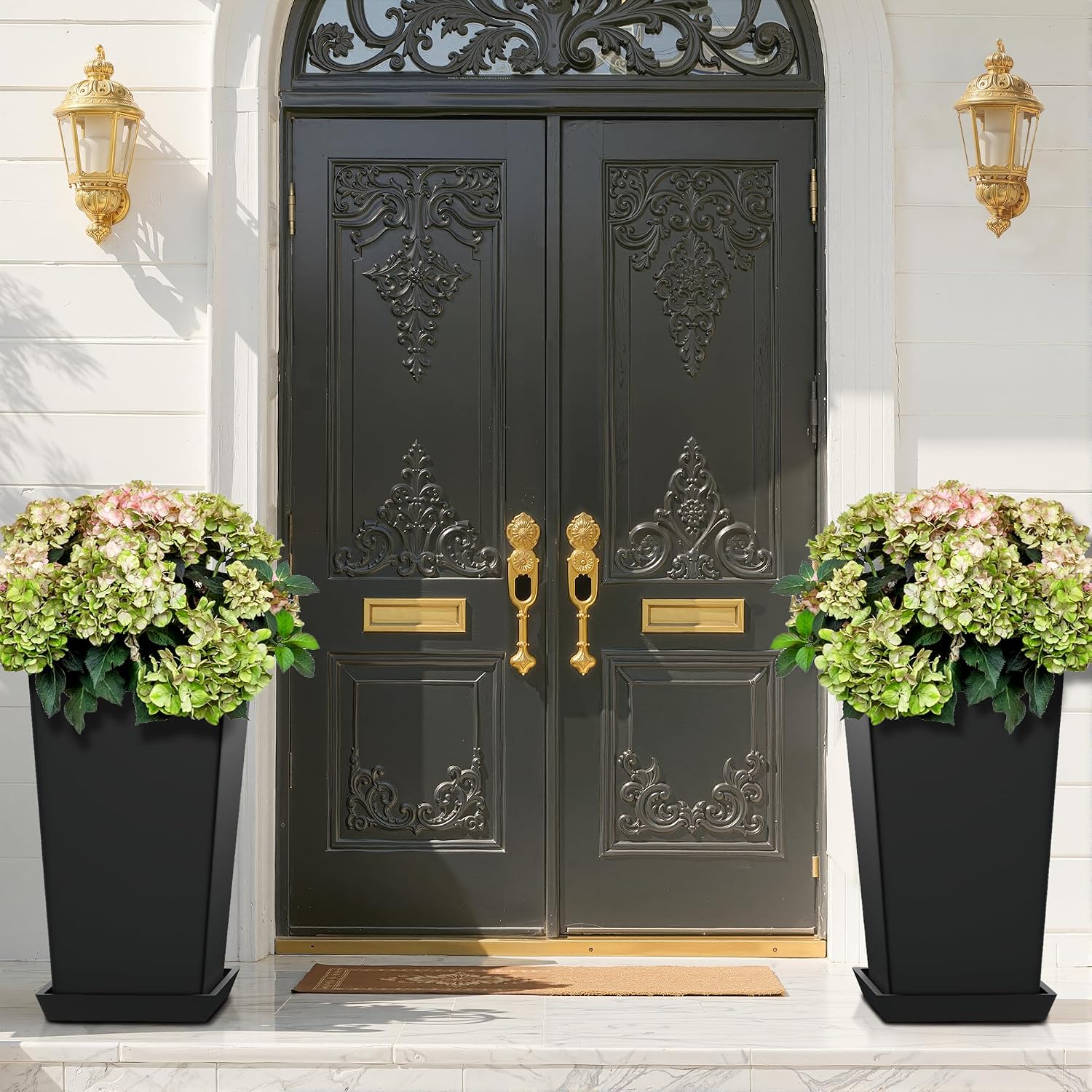 FENCY Set of 2 Tall Planters for Outdoor Plants, Black | 24 Inch Plant Pots with Drainage Hole & Trays, Plastic Tapered