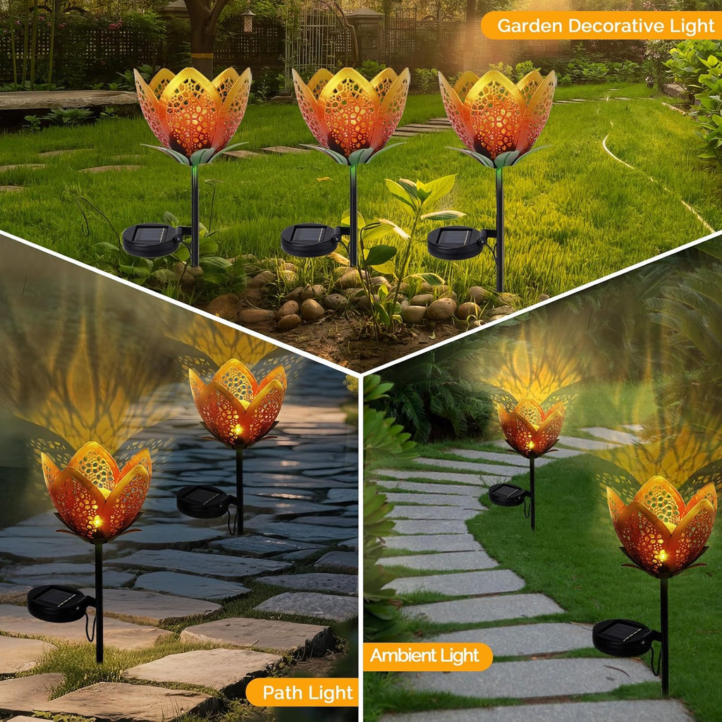 Outdoor Solar Tulip Light, Crackle Globe Glass Metal Flower Decorations Lights for Lawn Ornaments, LED Lotus Hollow