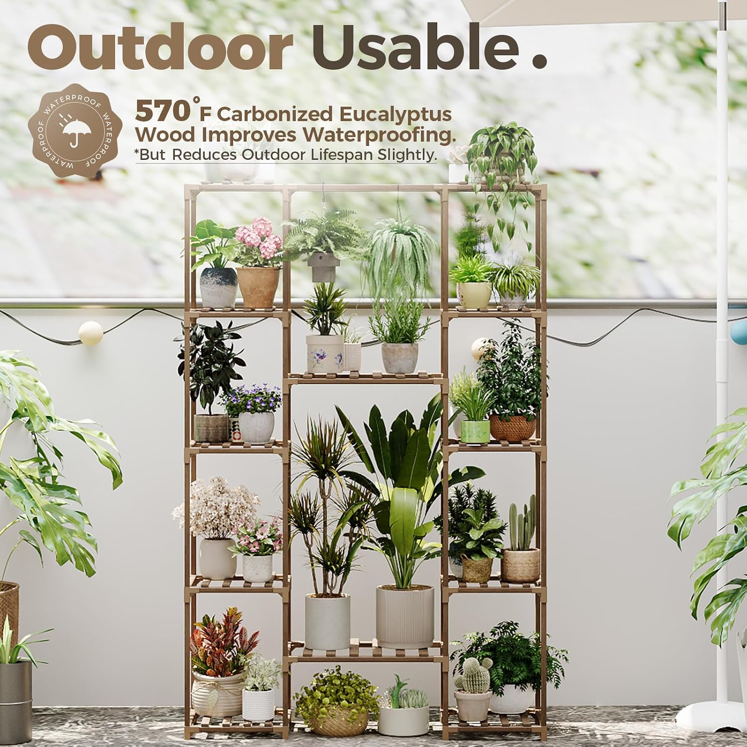 Bamworld 62.2'' Tall Plant Stand Indoor Large Plant Shelf for Multiple Plants Wood Flower Stand Outdoor Hanging Plant