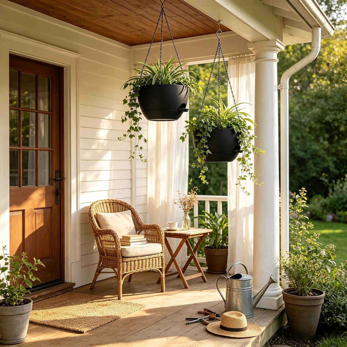 12" Self Watering Hanging Planters with Chains, Black, 2 Pack | 43 Oz removable self-watering reservoir, for