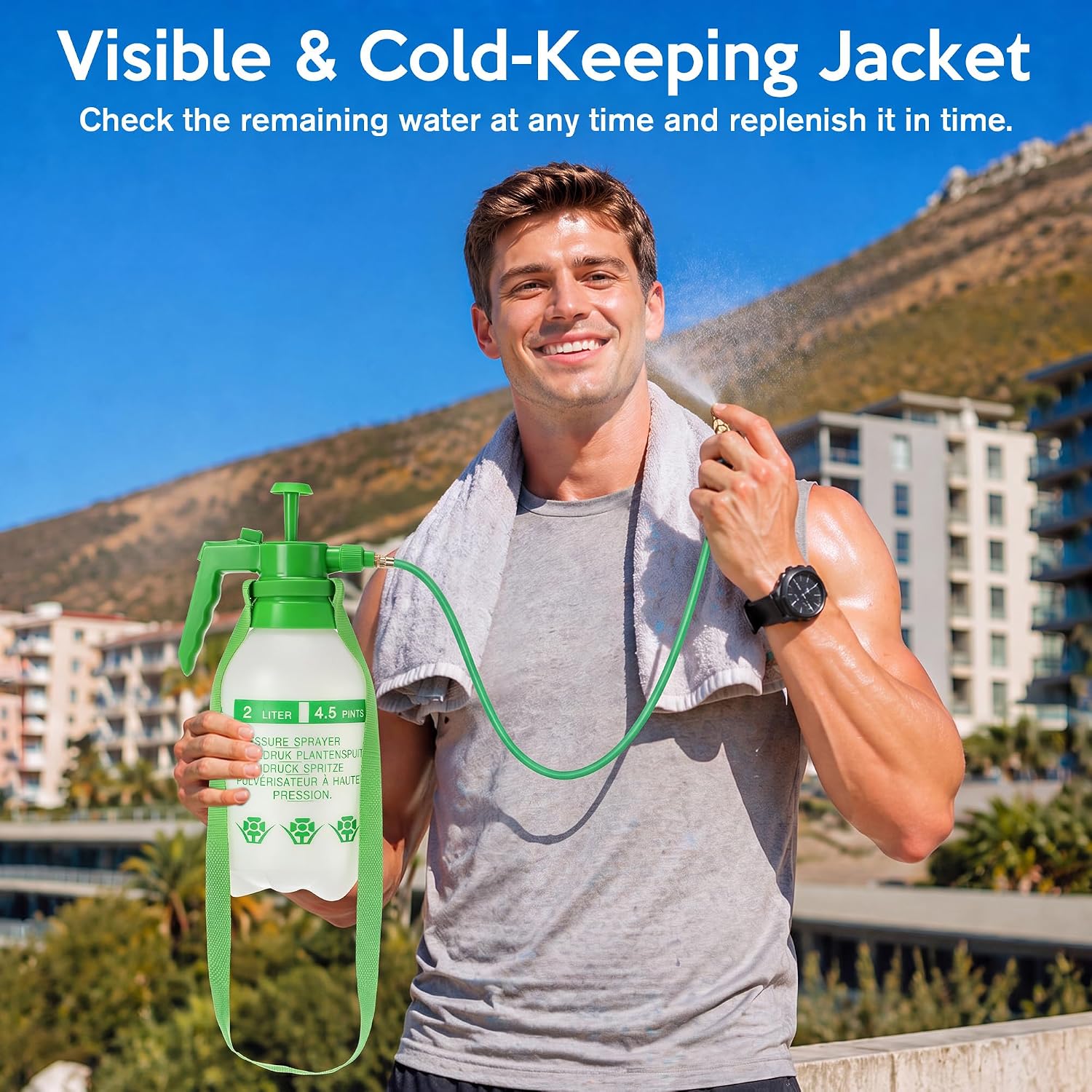 Personal Mister, 2 in 1 Water Spray Bottle with 3.3ft Mist Line, 2L,Green | Portable Cooling Mister With Shoulder
