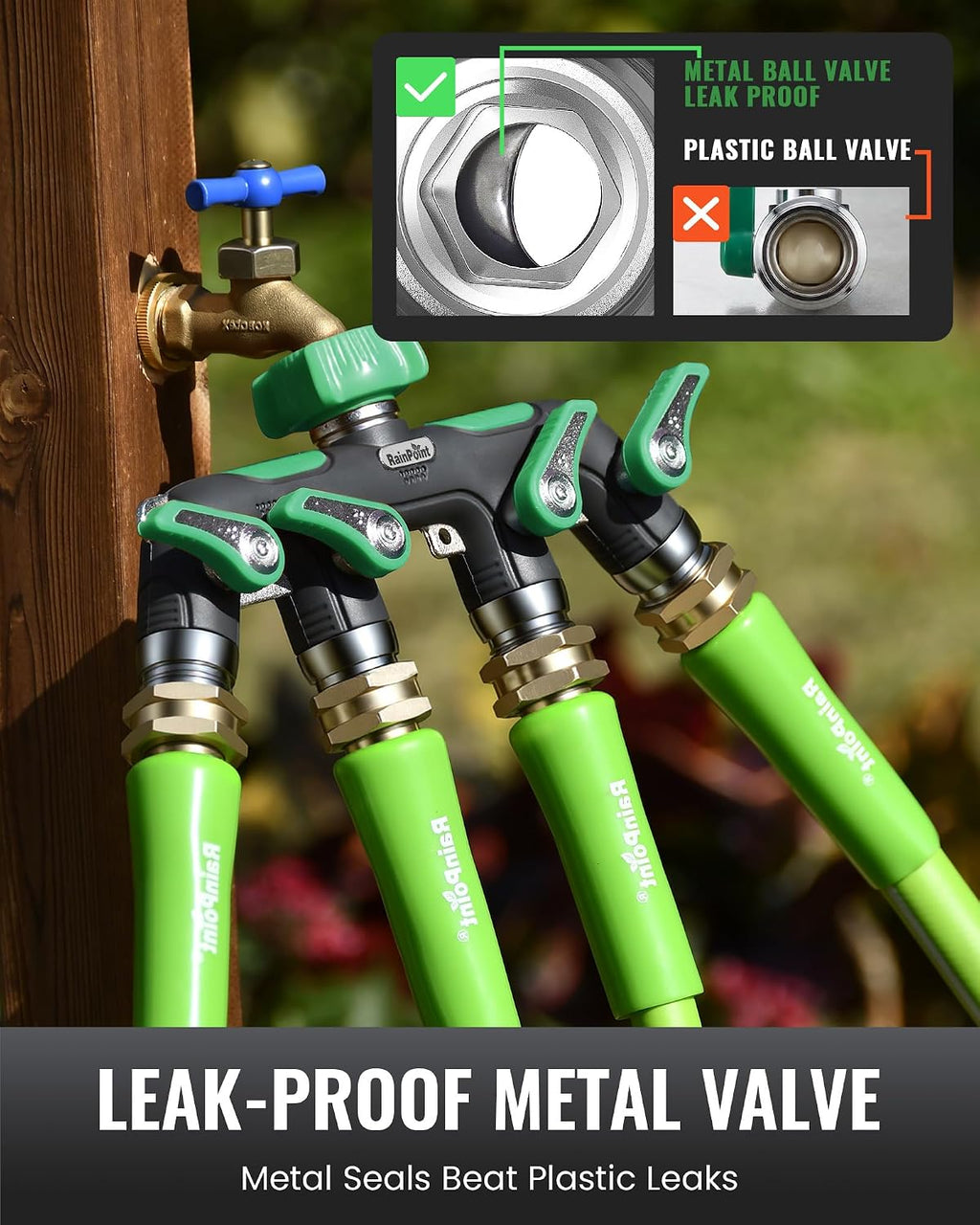 RAINPOINT 4 Way Garden Hose Splitter, 100% Metal Heavy Duty Water Hose Splitter with Individual Shut-Off Valves, 3/4"