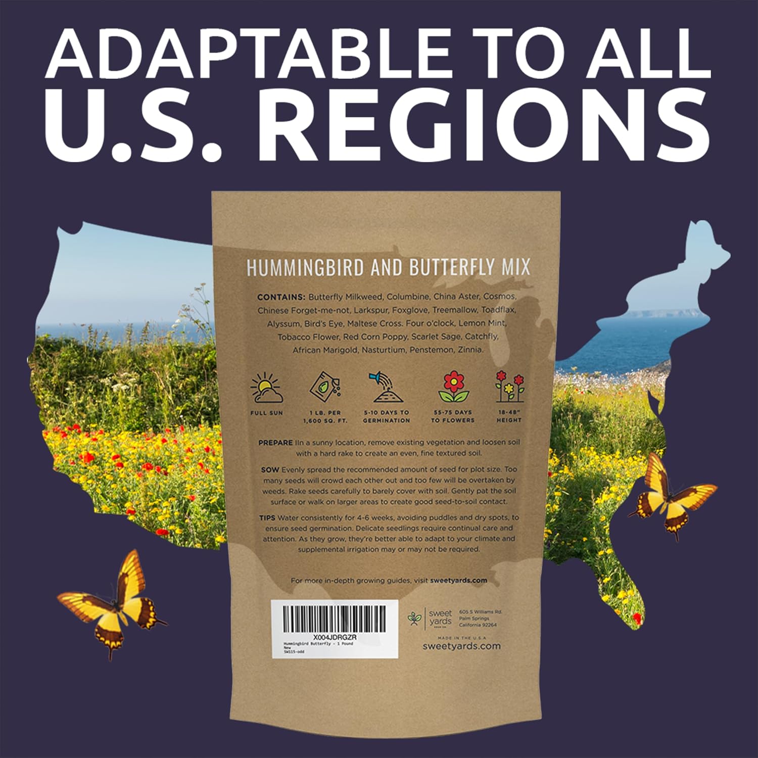 Bulk Wildflower Seeds Butterfly and Hummingbird Mix - 1 Pound Bag - Over 120,000 Open Pollinated Annual and Perennial