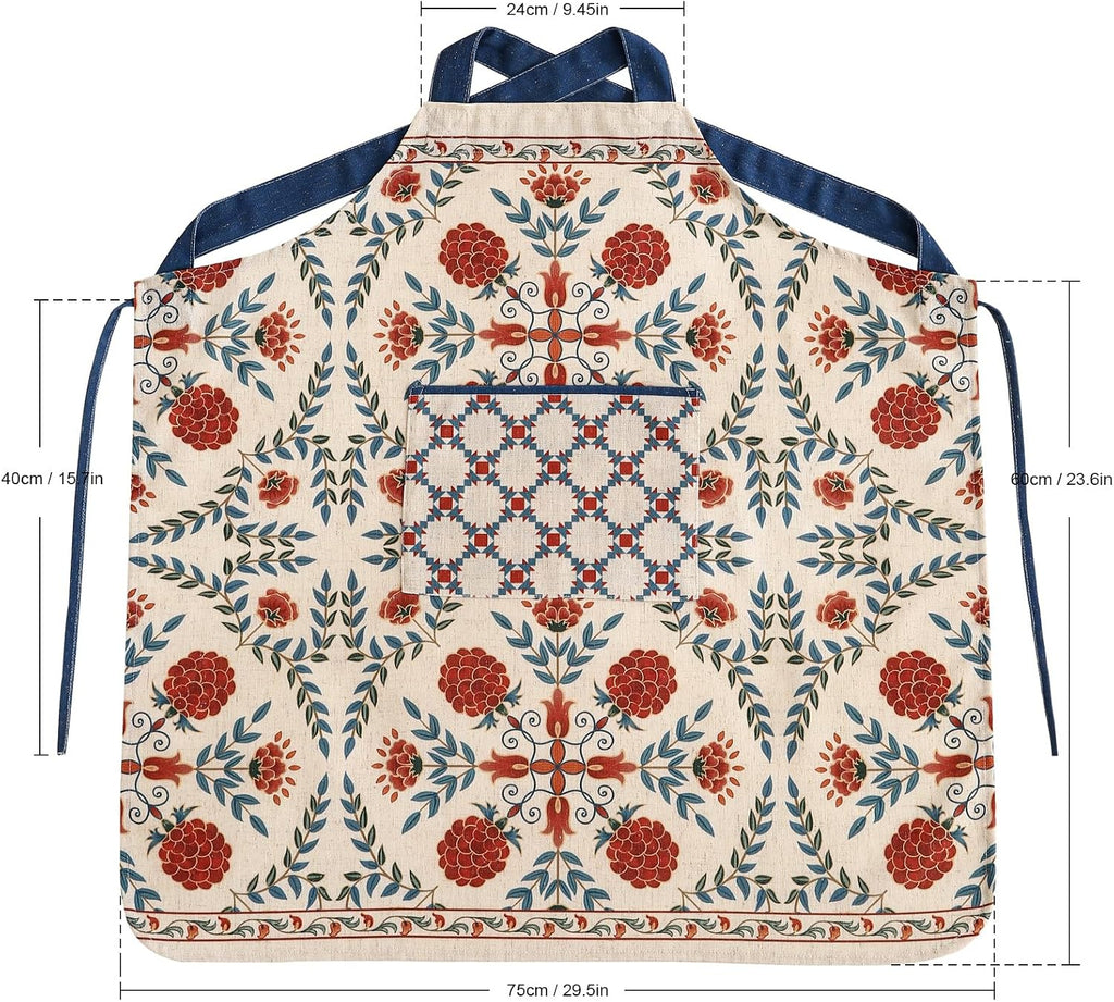 patdrea Blue Floral Linen Apron with Pocket,French Kitchen Garden Chef BBQ Aprons for Women and Men,Crisscross Back