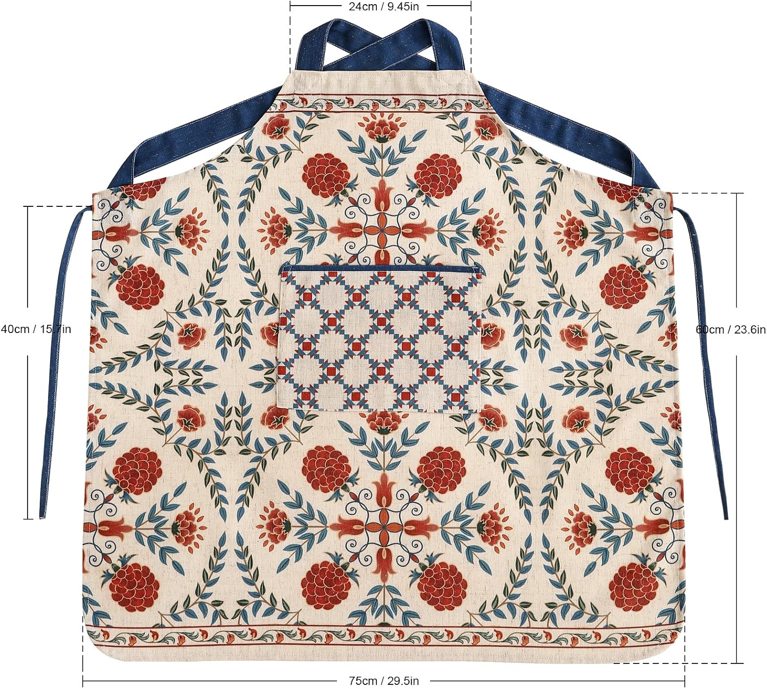 patdrea Blue Floral Linen Apron with Pocket,French Kitchen Garden Chef BBQ Aprons for Women and Men,Crisscross Back