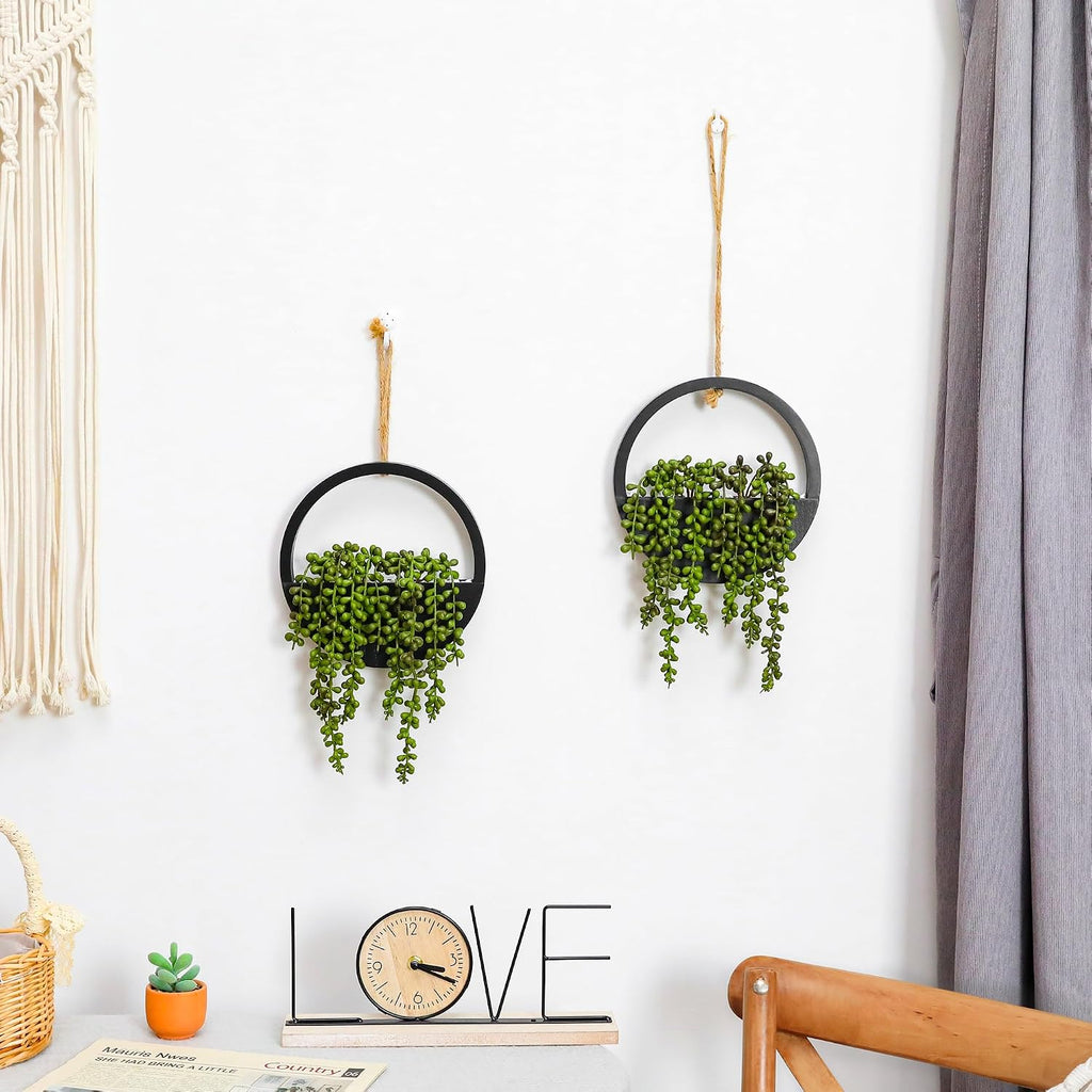 2pcs Artificial Succulents Hanging Plants 12.2'' Fake String of Pearls in Pot with 8.3'' Lanyard for Indoor Outdoor