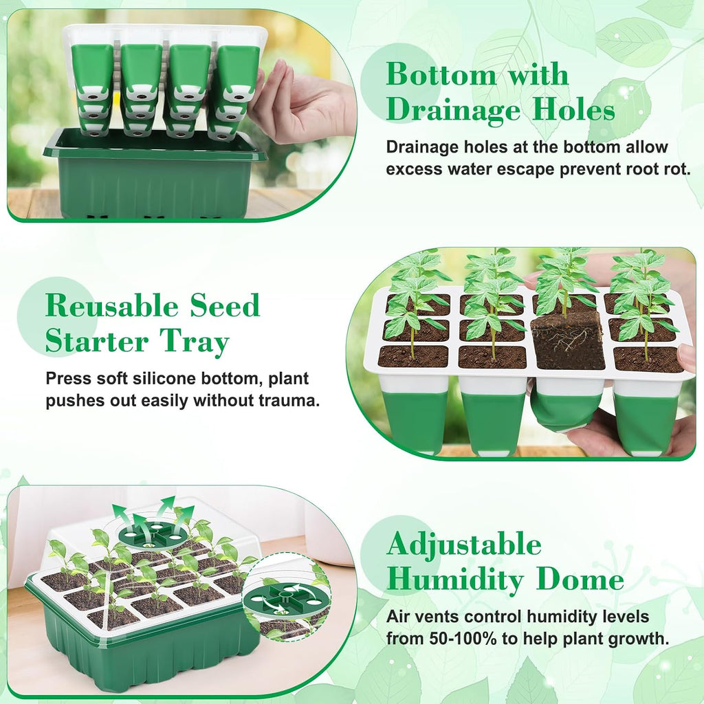Reusable Silicone Seed Starter Tray, 60 Cells Seed Starter Kit with Humidity Adjustable Dome and Lid, Plant Germination