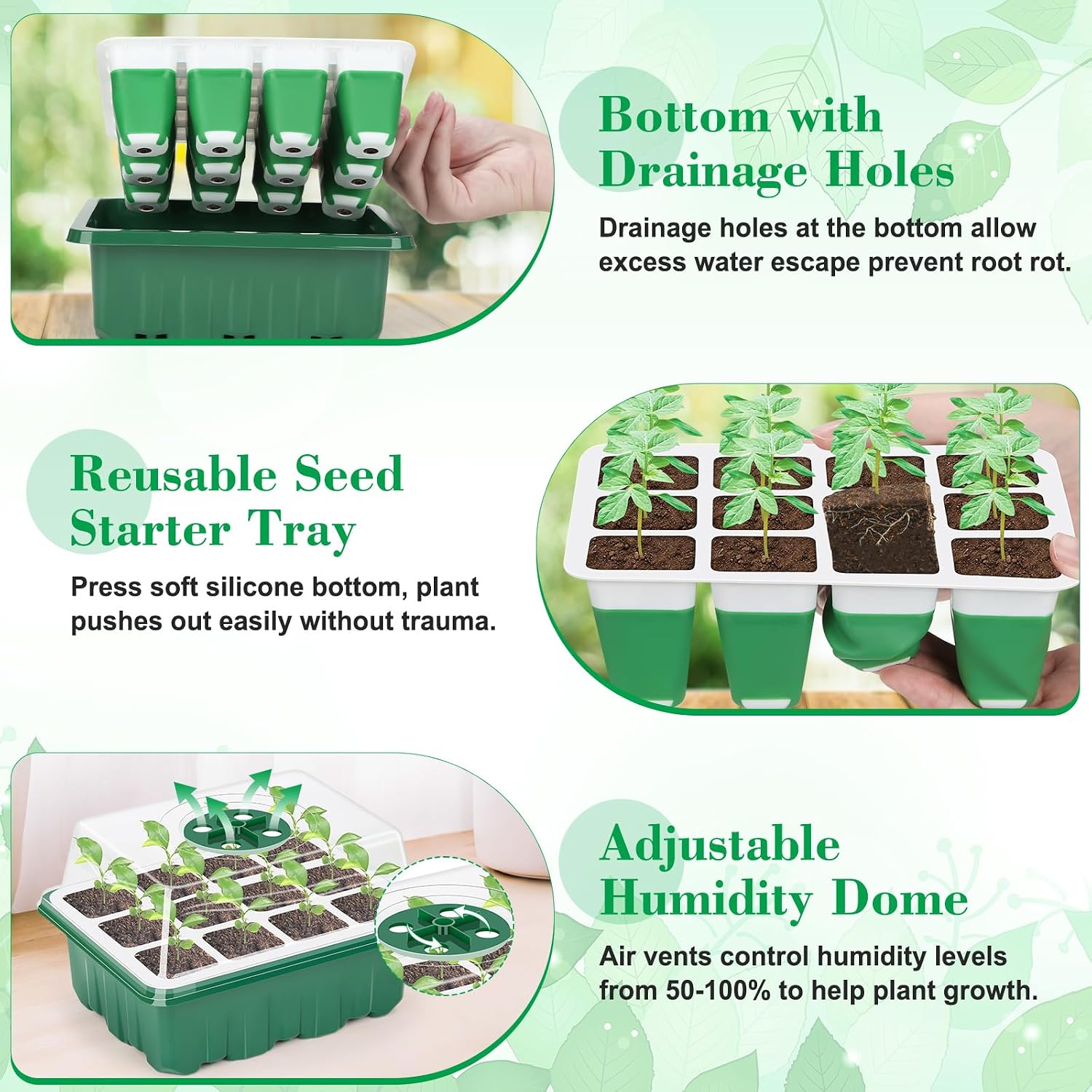 Reusable Silicone Seed Starter Tray, 60 Cells Seed Starter Kit with Humidity Adjustable Dome and Lid, Plant Germination
