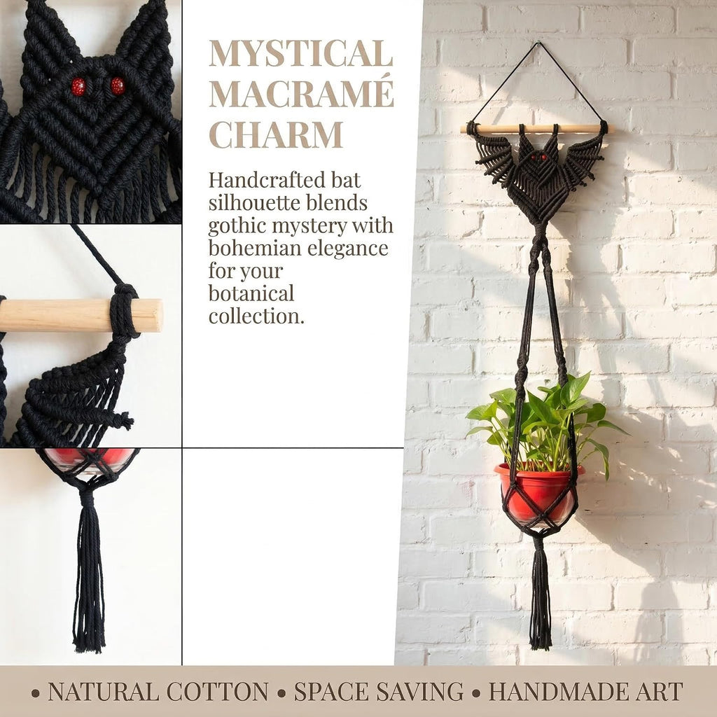 2-Pack Boho Bat Shape Gothic Plant Hanger, Macrame Handmade Pot Holder with Wooden Stick, Black Color Pot Holder for